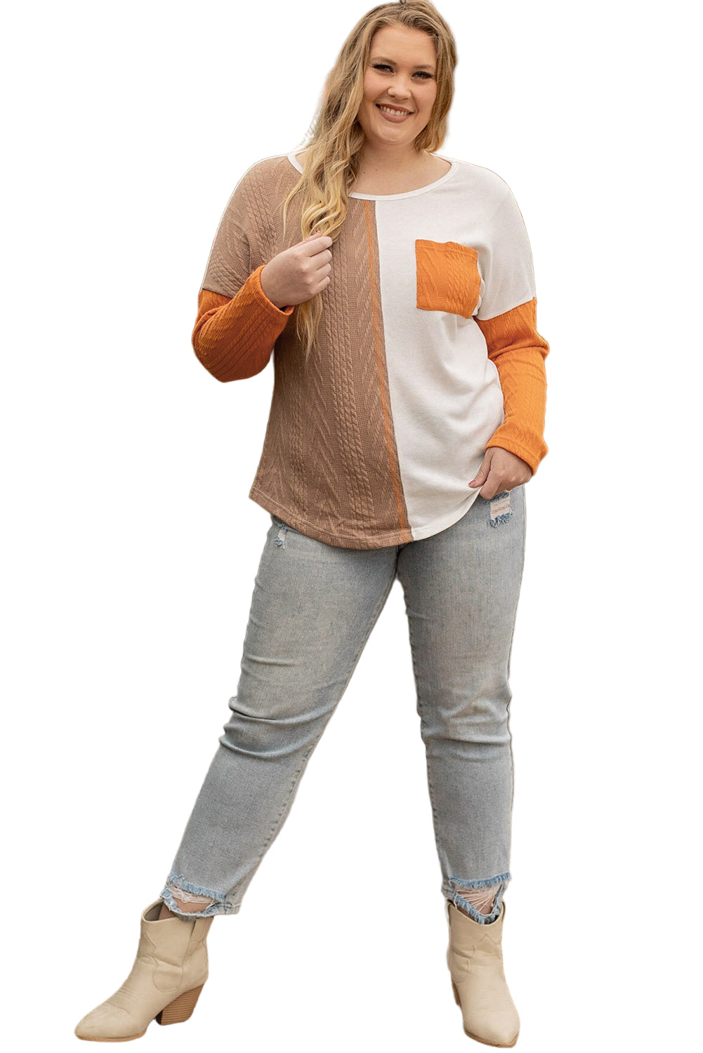 Chestnut Plus Size Pocket Textured Patchwork Top