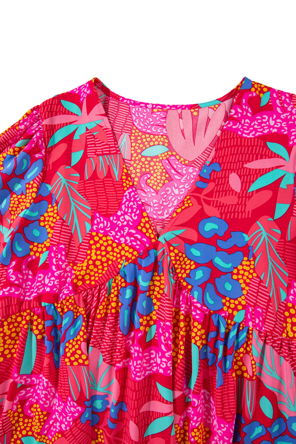 Rose Tropical Printed Lantern Sleeve V Neck Ruffled Plus Size Mini Dress