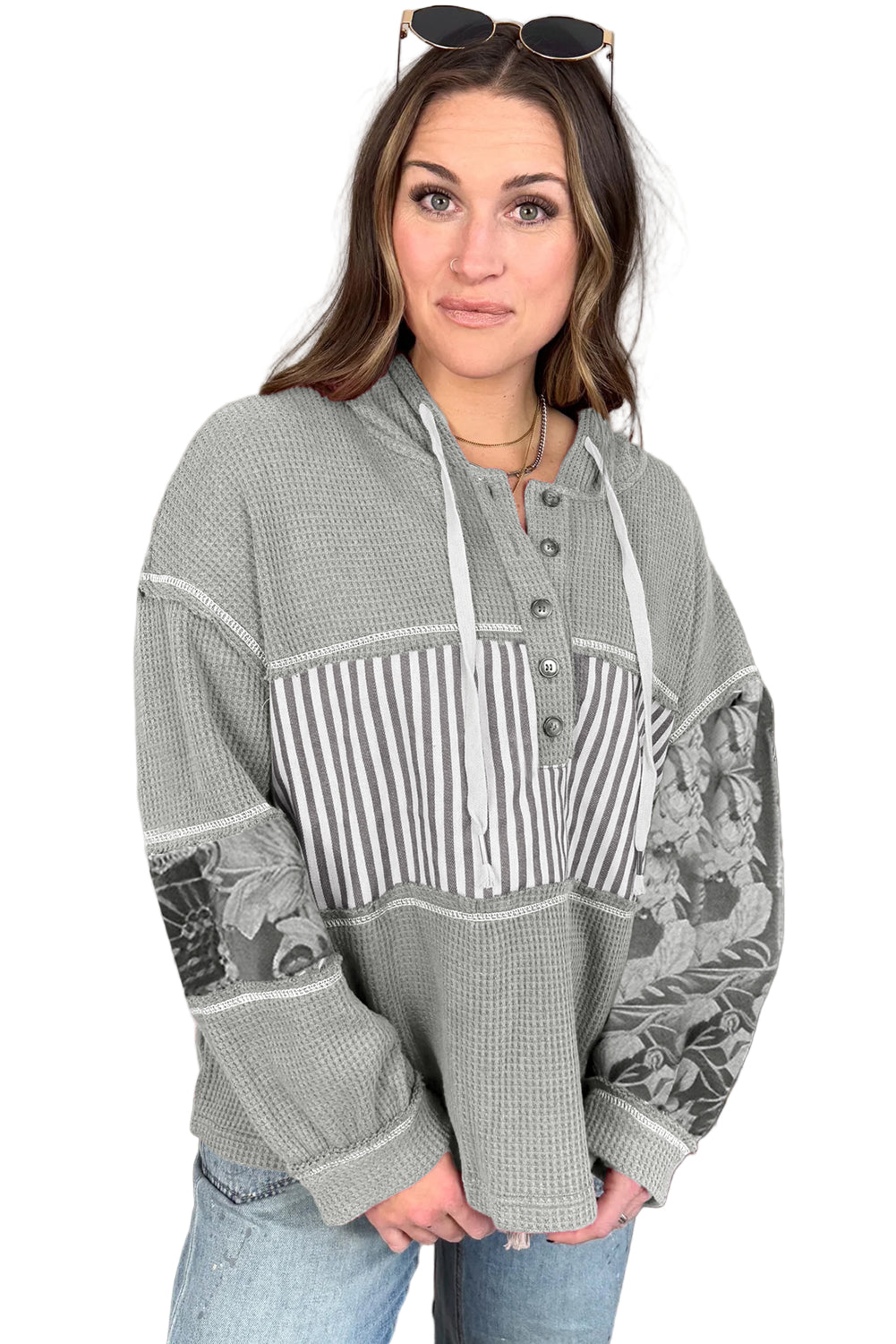 Gray Mixed Waffle Knit Patchwork Henley Plus Size Hoodie