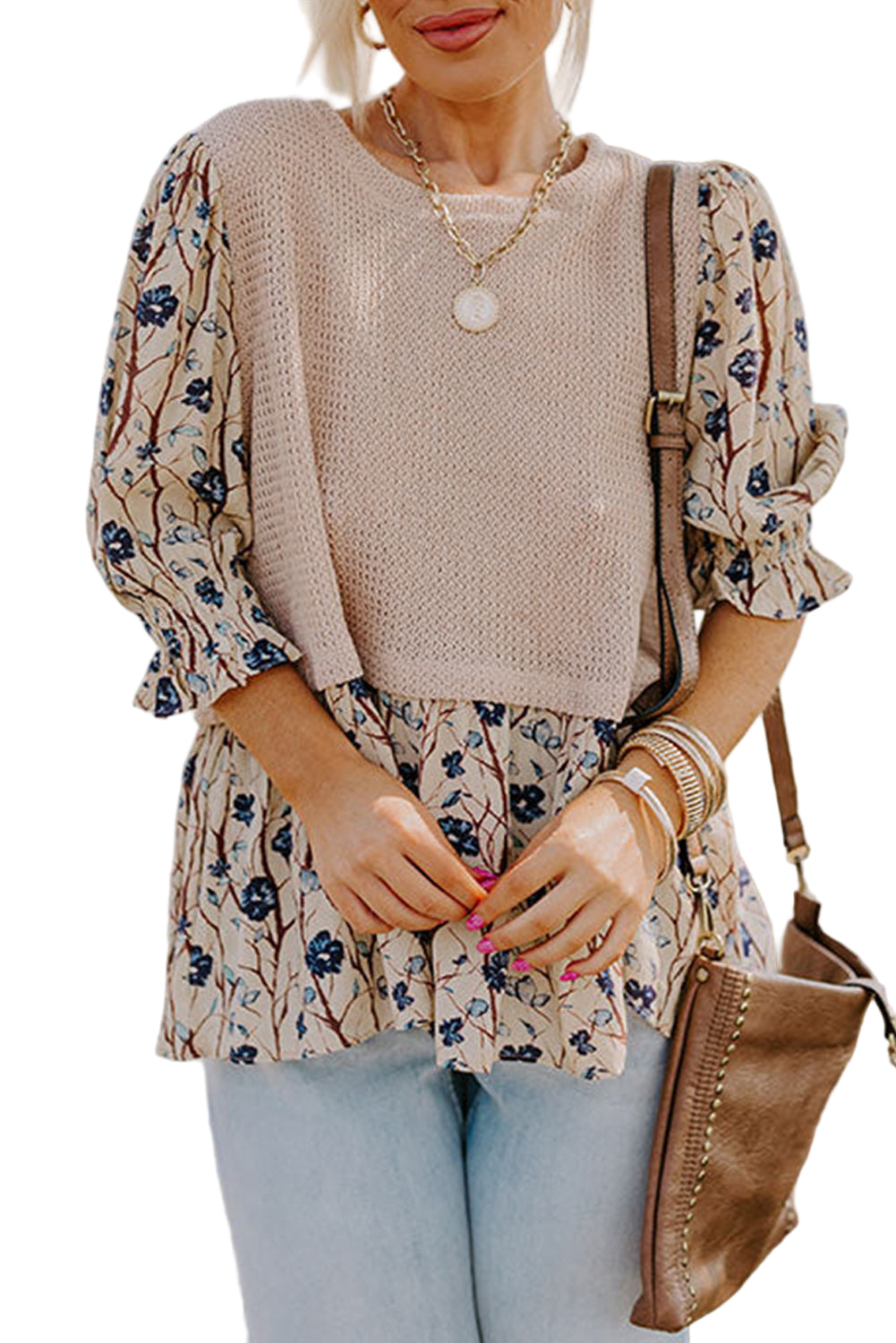 Beige Faux Two Piece Knit Patchwork Floral Plus Size Top