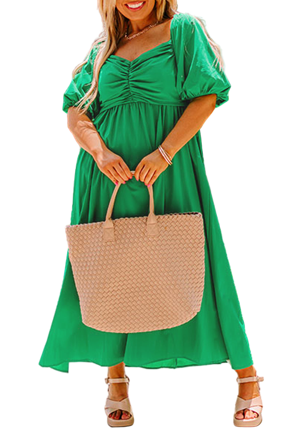 Bright Green Ruched Front Puff Sleeve Plus Size Long Dress