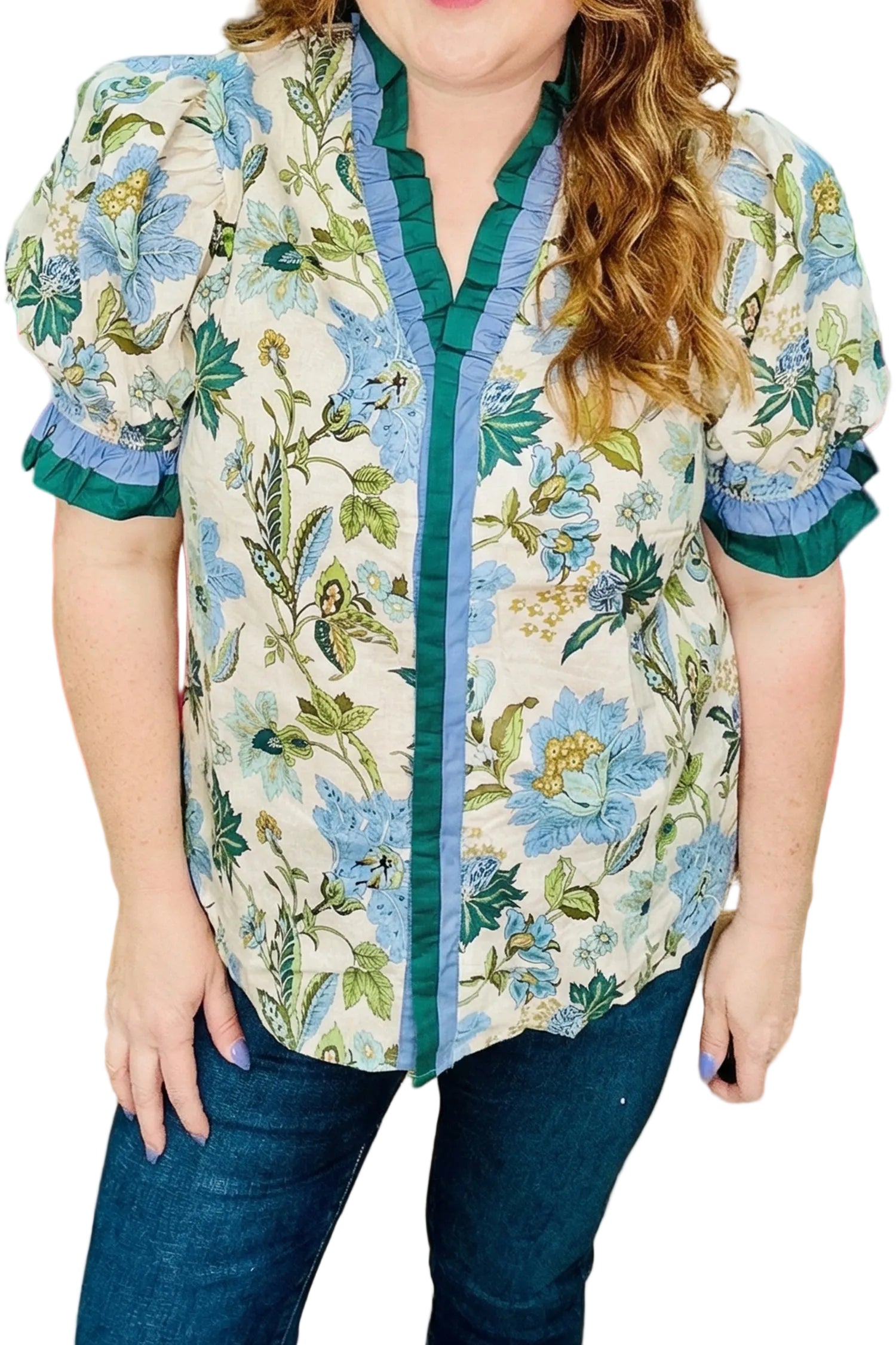 Sky Blue Plus Size Frilled V Neck Short Sleeve Floral Blouse