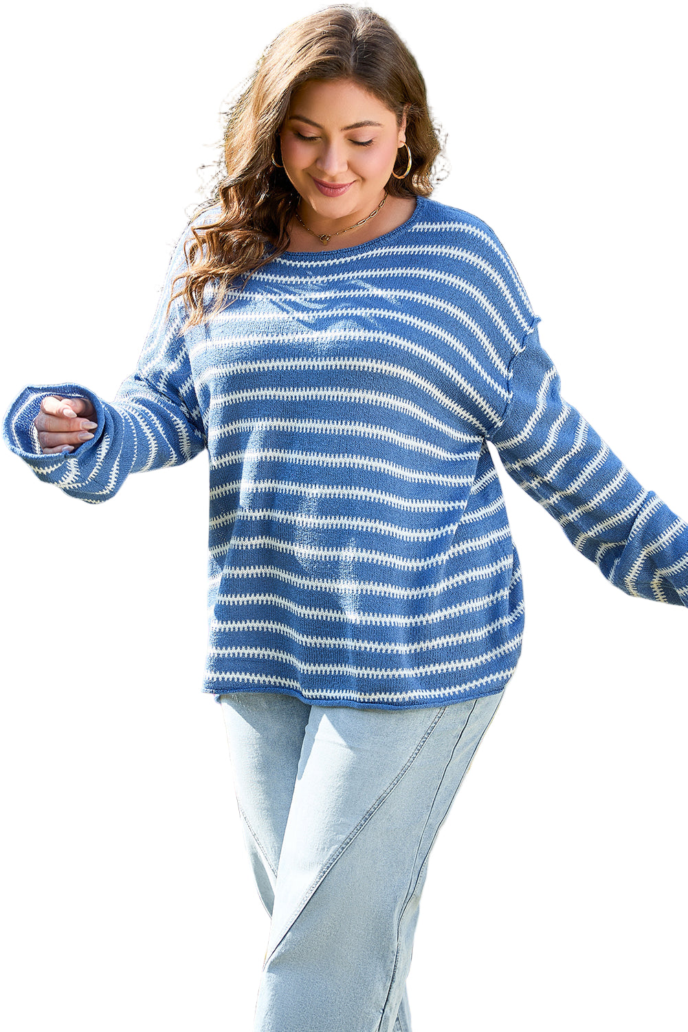 Sky Blue Stripe Drop Shoulder O Neck Plus Size Sweater