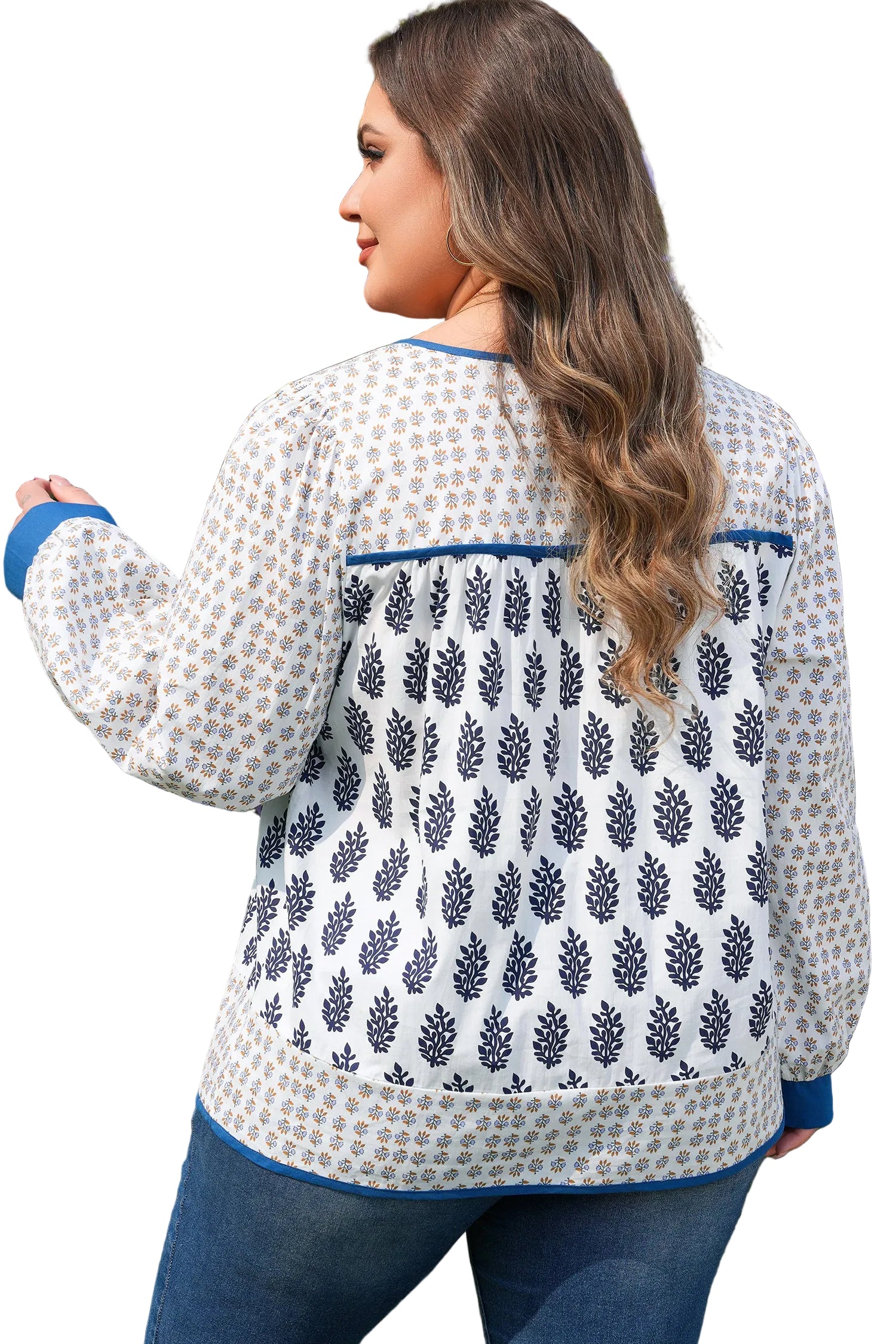 White Plus Size Boho Floral Print Contrast Trim Split Neck Puff Sleeve Patchwork Blouse