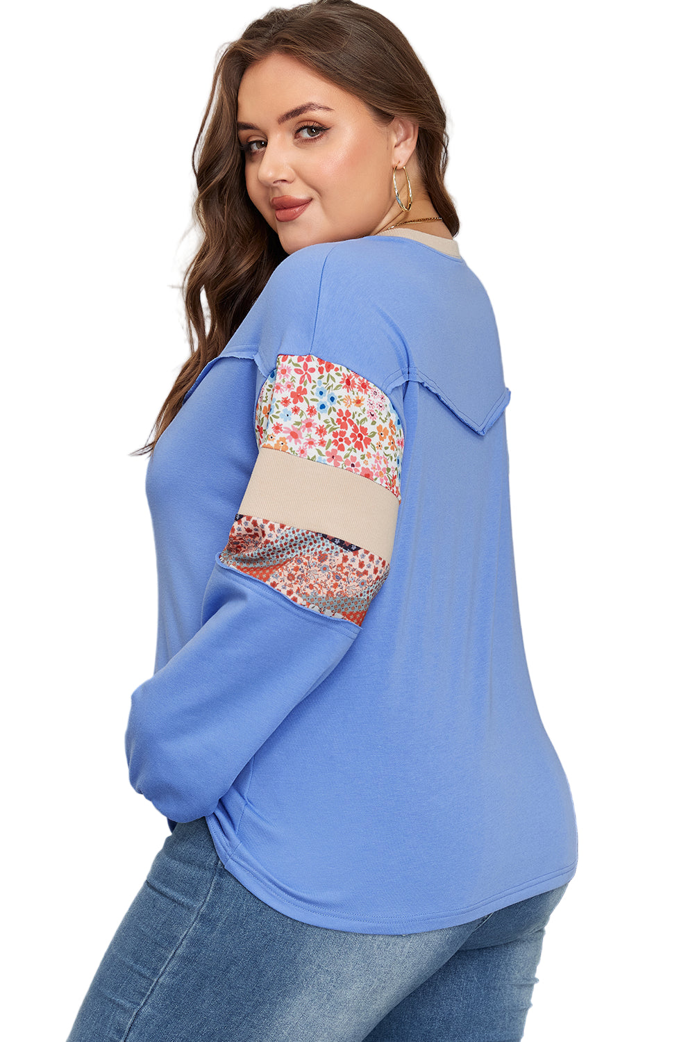 Khaki Exposed Seam Floral Mixed Patchwork Relaxed Plus Size Top