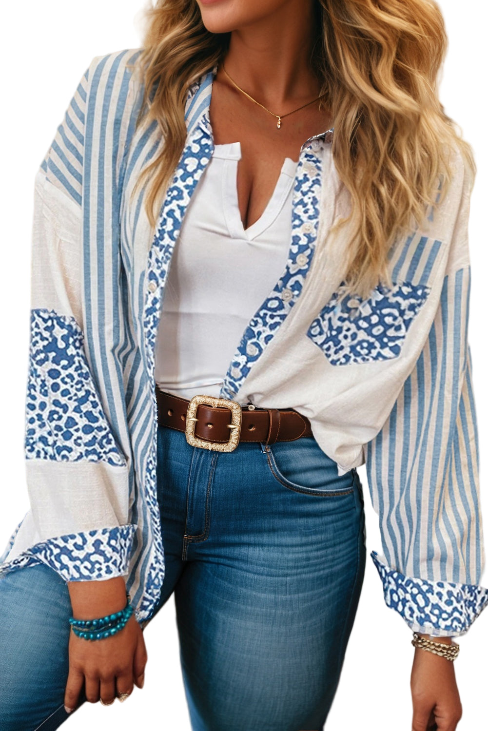 Sky Blue Leopard Striped Patchwork Casual Plus Shirt