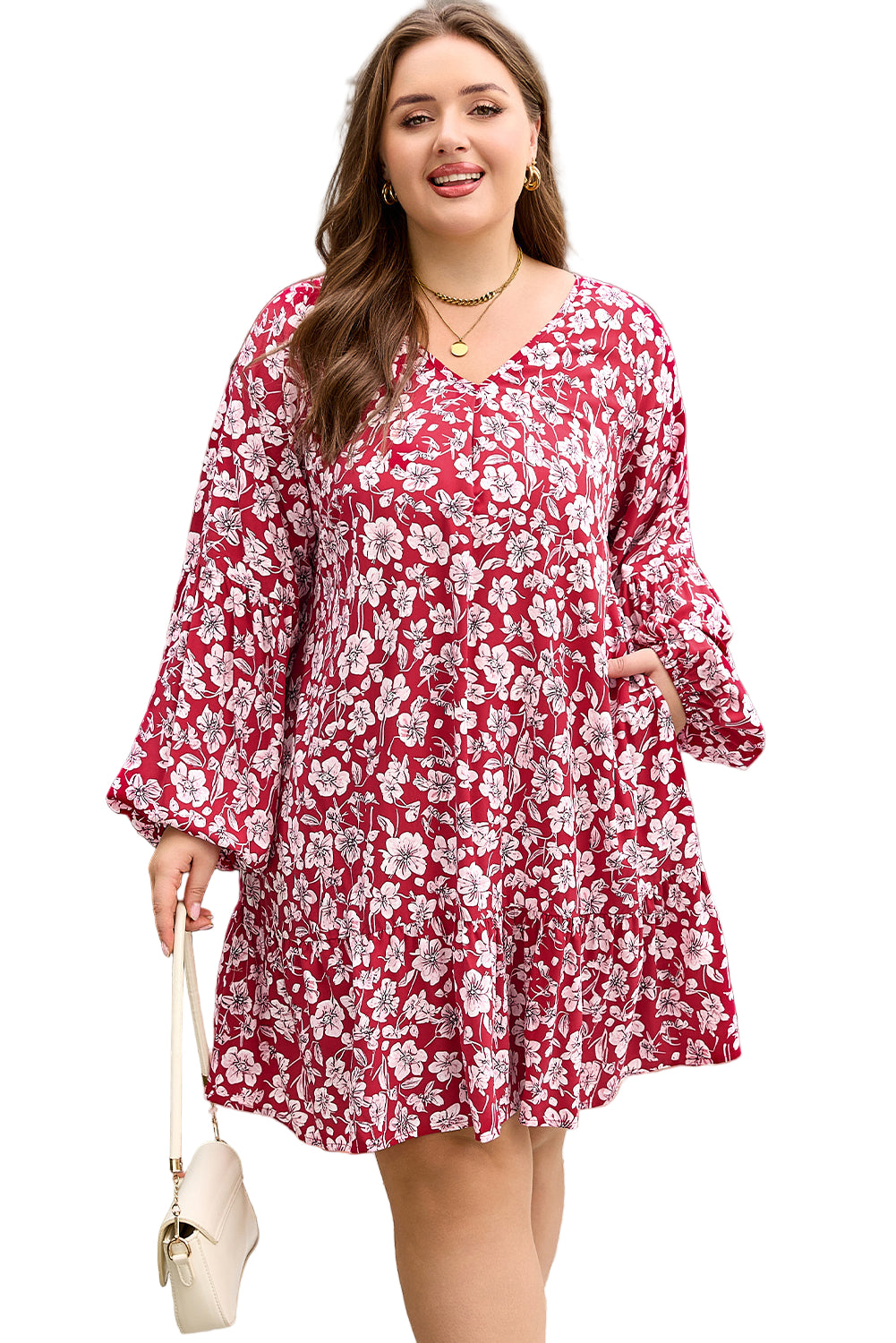 Purple Plus Floral Balloon Sleeve V Neck Relaxed Dress