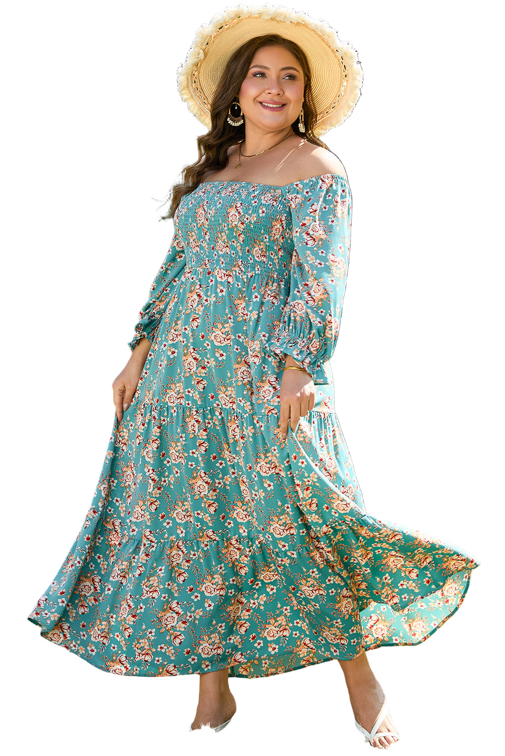 Green Plus Size Floral Print Square Neck Smocked Maxi Dress