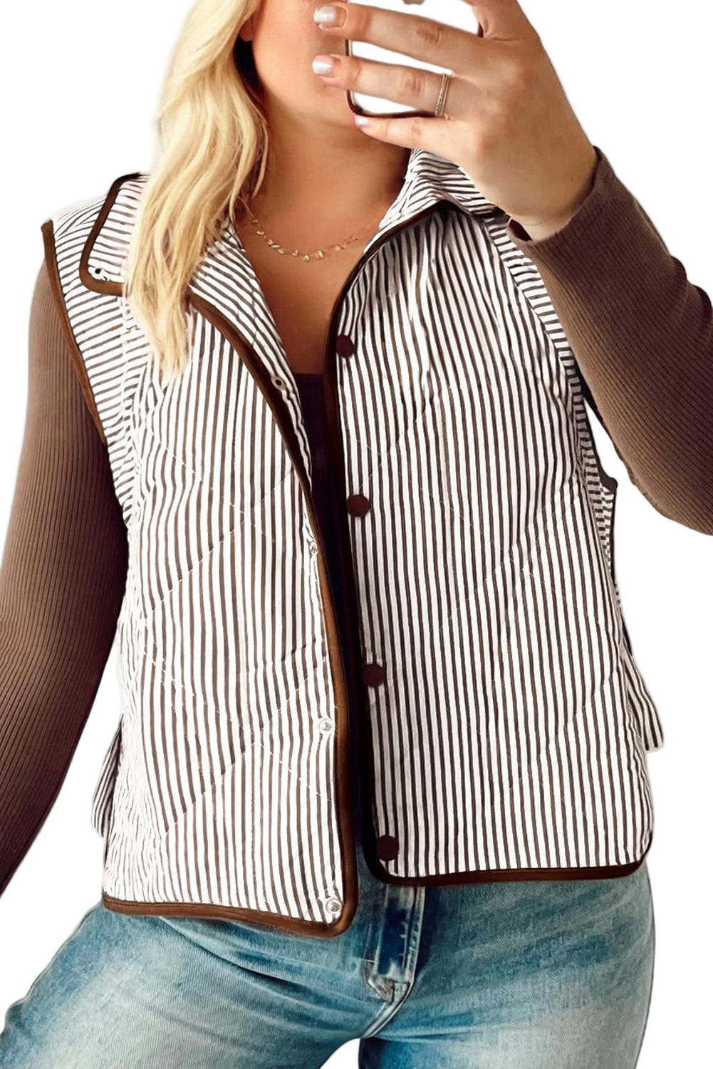 Brown Stripe Quilted Wavy Hem Snap Button Plus Size Vest
