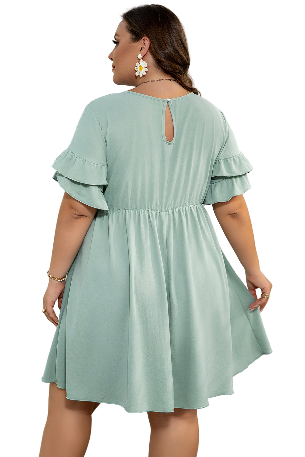 Grass Green Ruffle Trim Short Sleeve Plus Size Flared Mini Dress