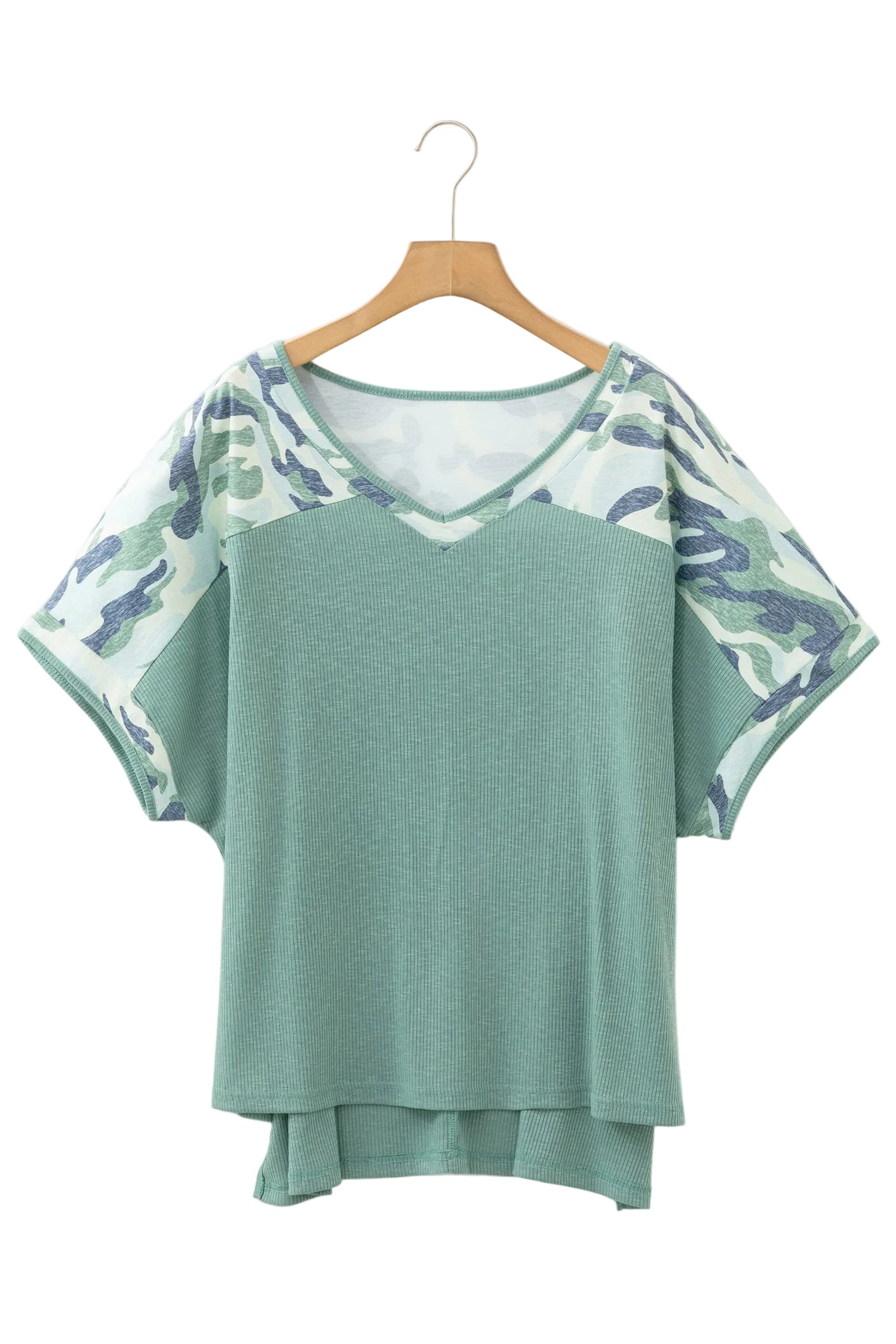 Mist Green Ribbed Camouflage Patchwork Plus Size V Neck Tee