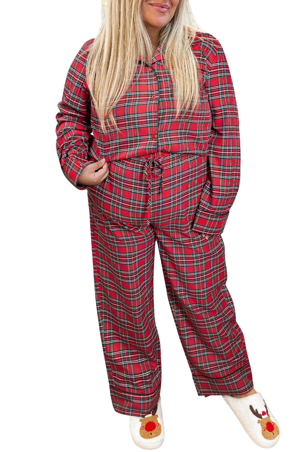 Red Plaid Printed Shirt and Pants Plus Size Lounge Set