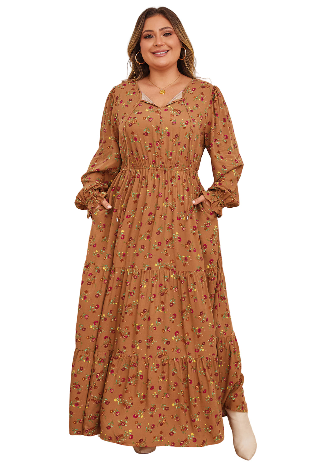 Brown Plus Size Floral Split V Neck Ruffled Sleeve Tiered Maxi Dress