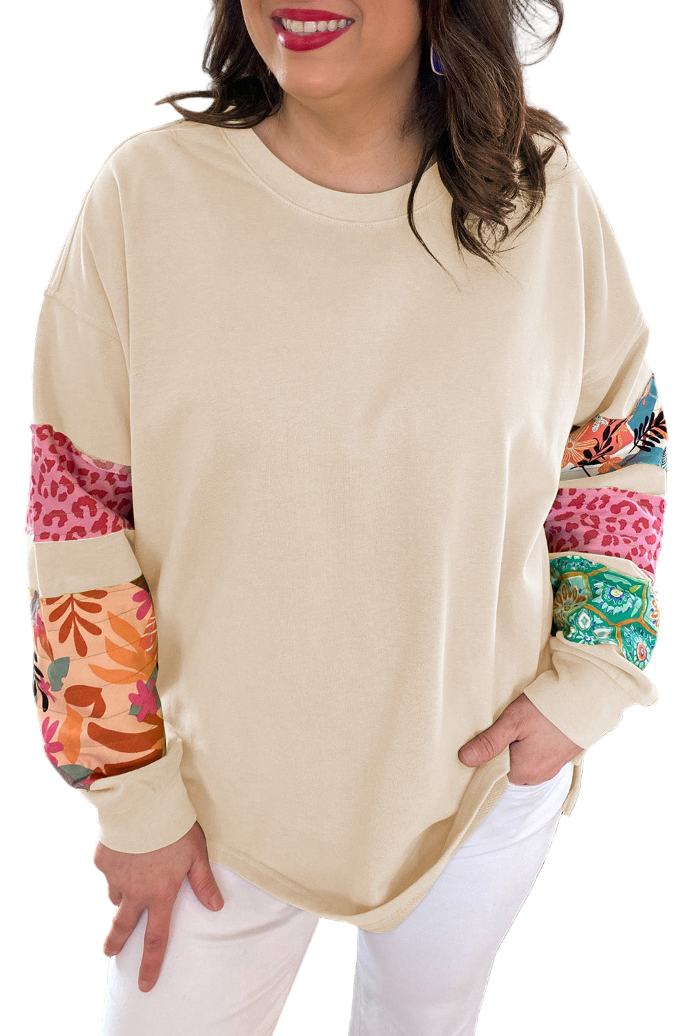Green Plus Size Printed Patchwork Sleeve Split Sweatshirt