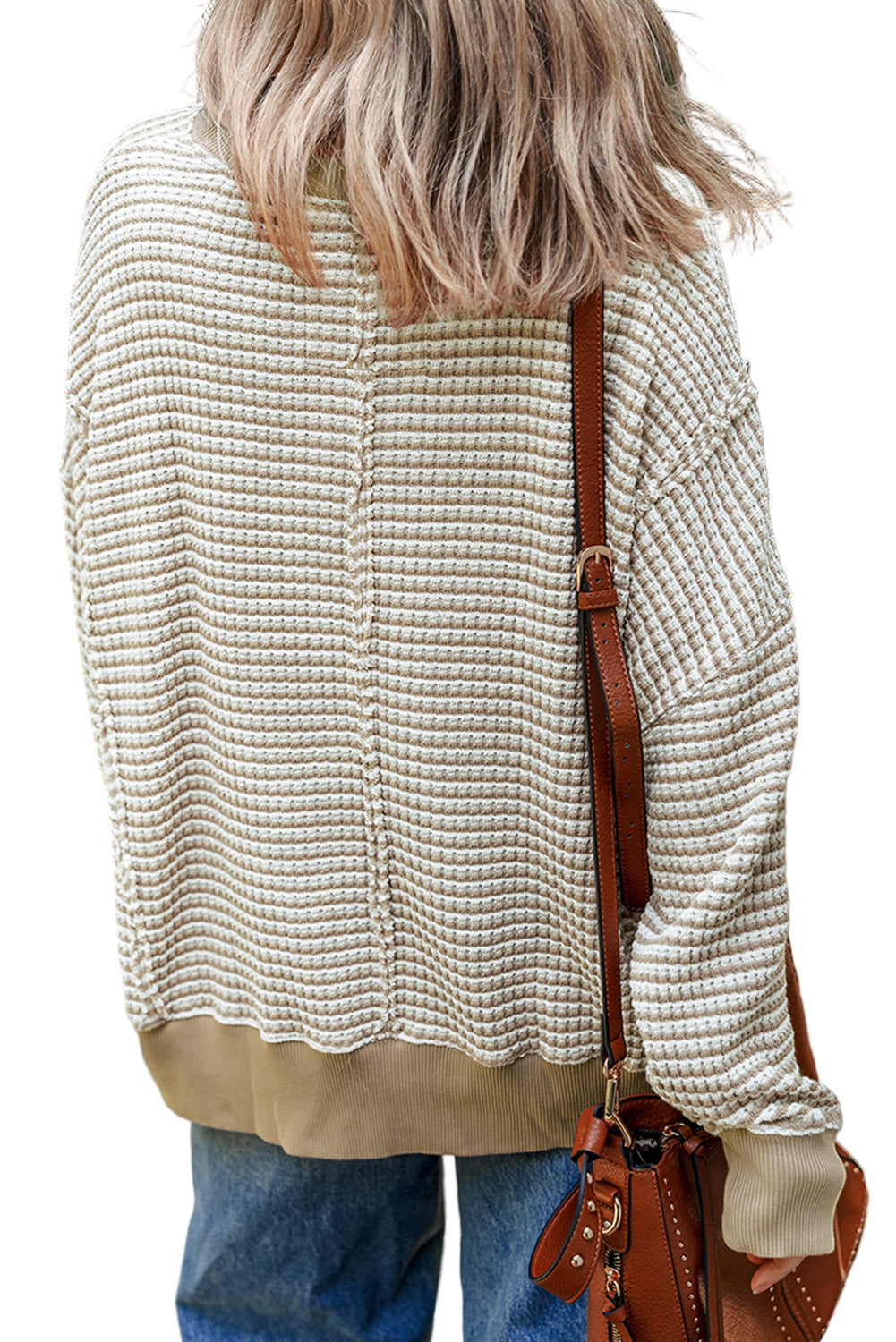 Brown Plus Size Stripe Ribbed Trim Drop Shoulder Long Sleeve Oversized Top