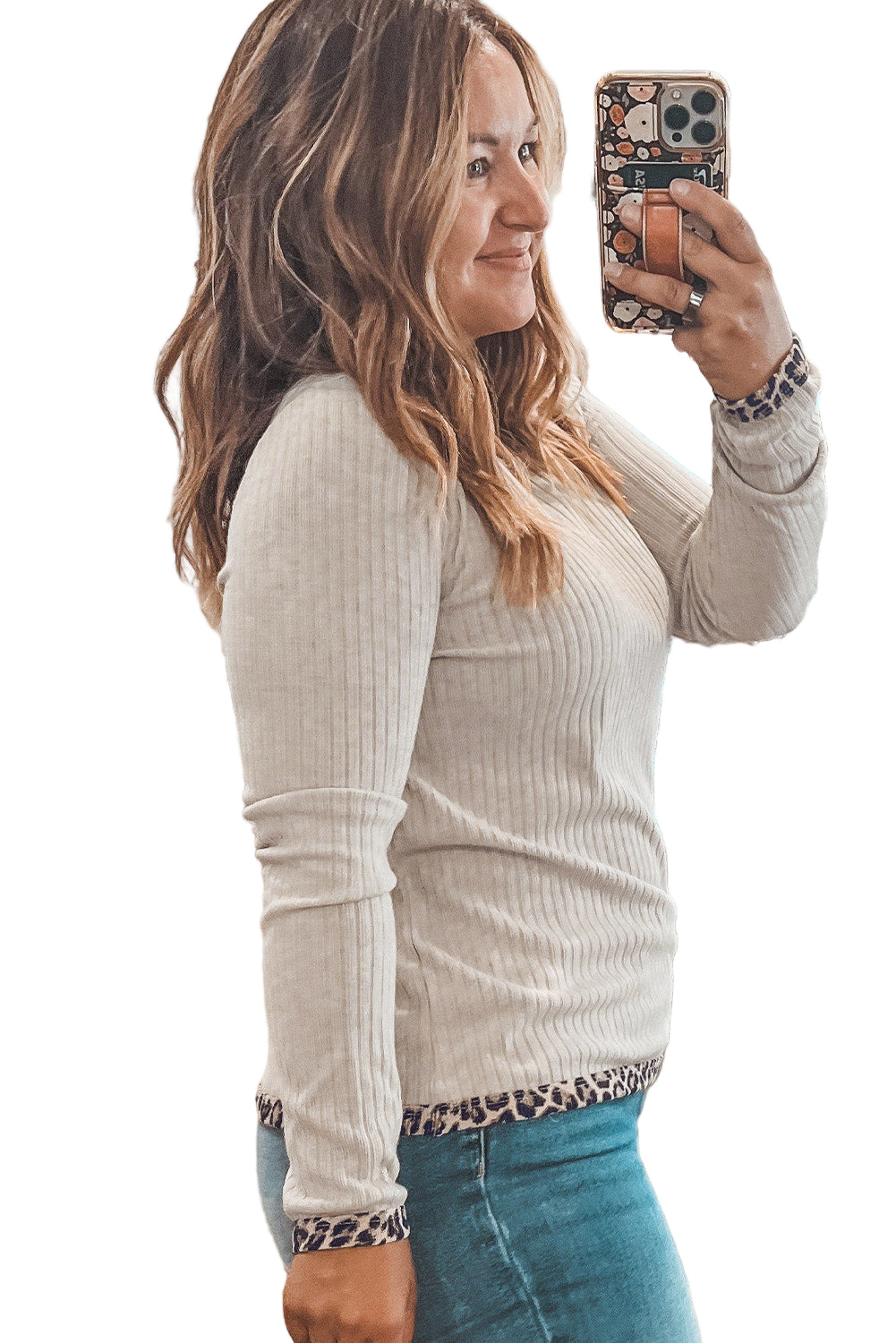Parchment Ribbed Contrast Leopard Edge Round Neck Plus Size Top