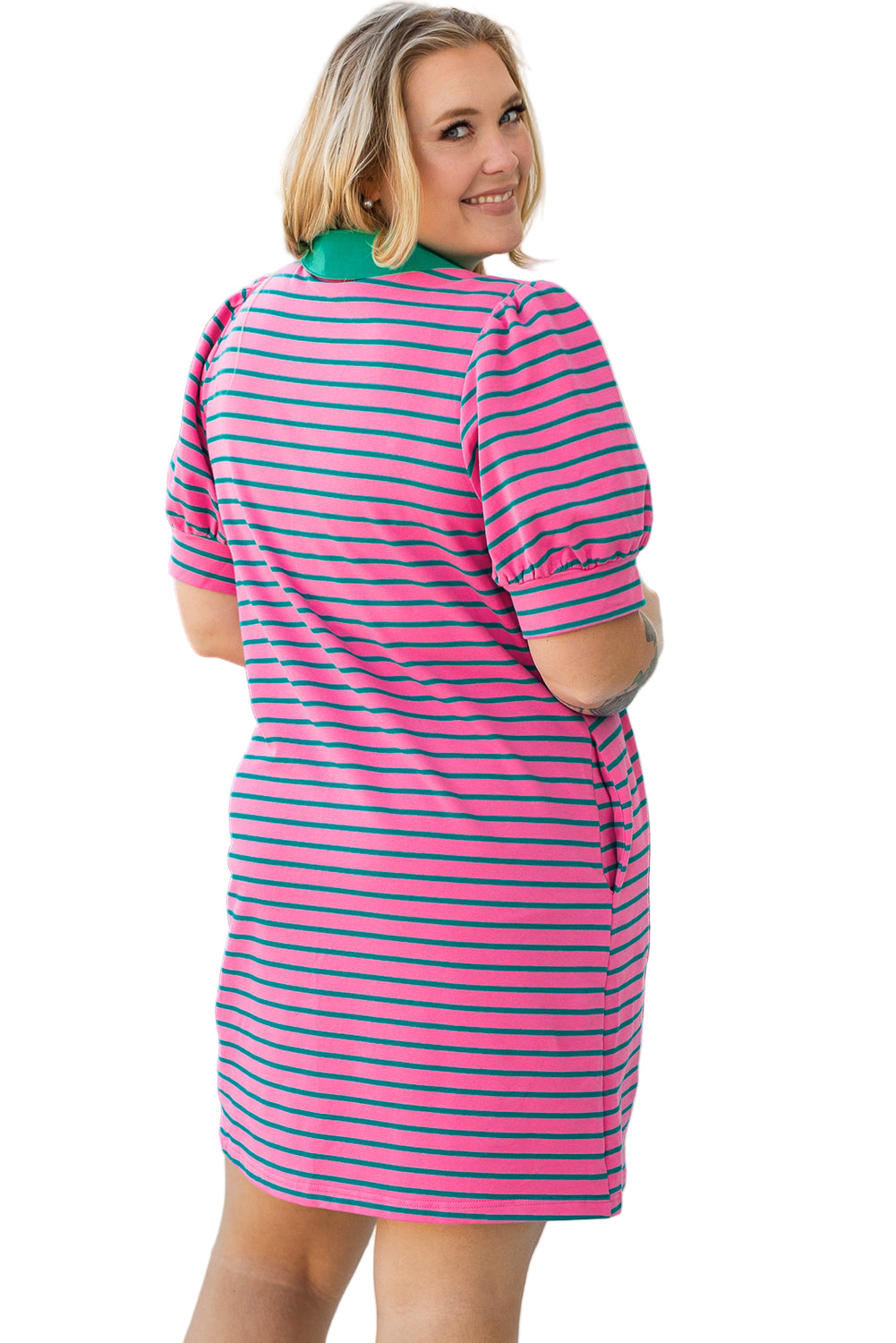 Rose Stripe Collared V Neck Puff Sleeve Shift T Shirt Dress with Pockets