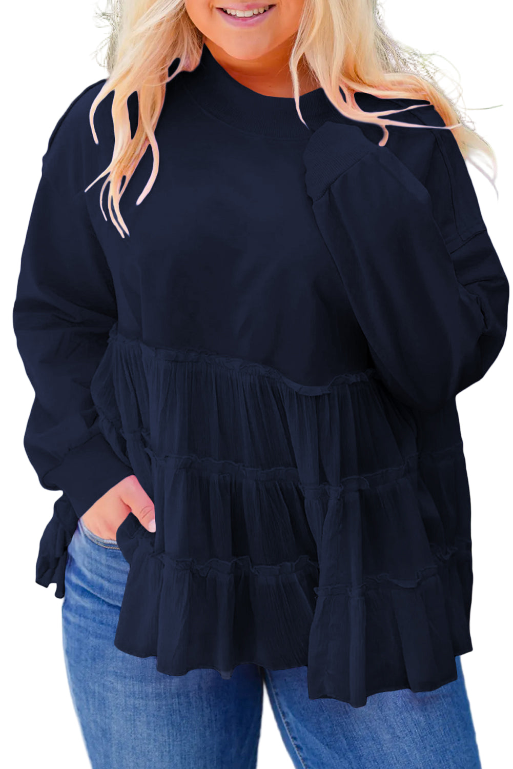 Pink Frill Tiered Patchwork Ribbed Trim Flowy Plus Size Top