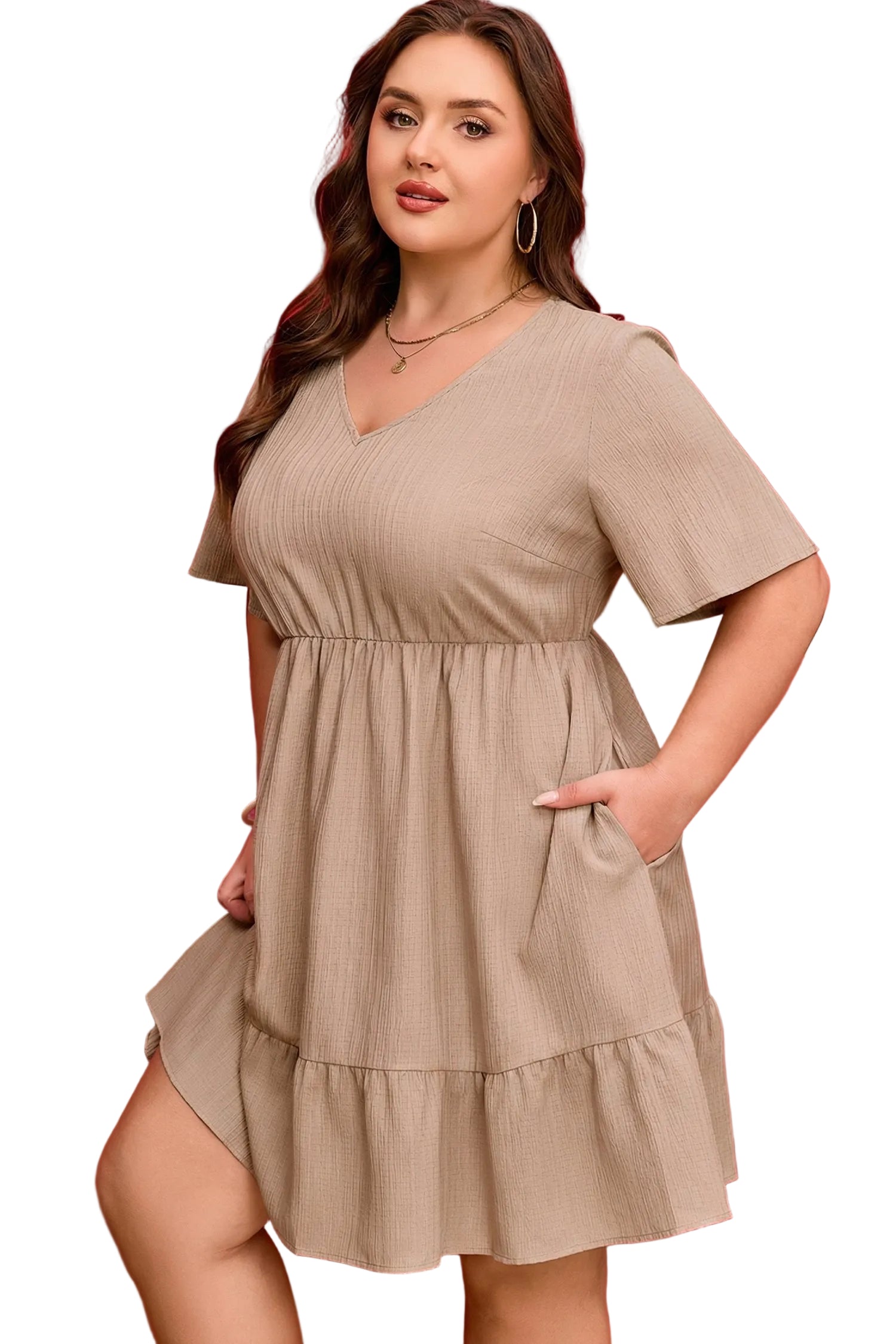Dark Khaki Plus Size Textured Ruffled Short Sleeve Dress