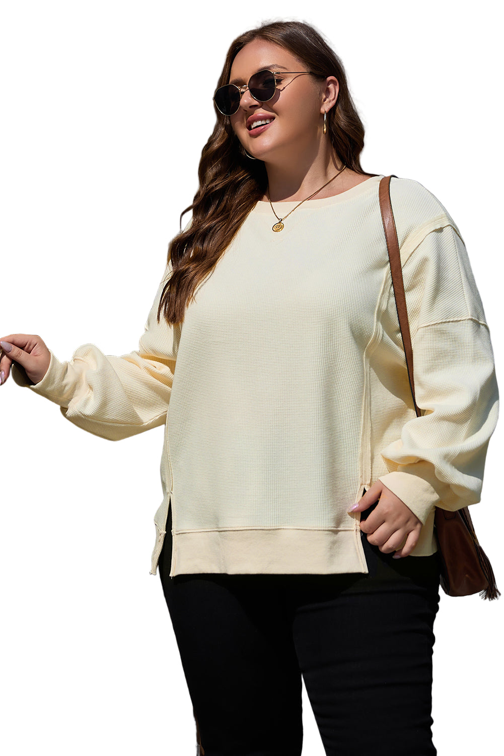 White Solid Color Waffle Knit Drop Shoulder Plus Size Sweatshirt