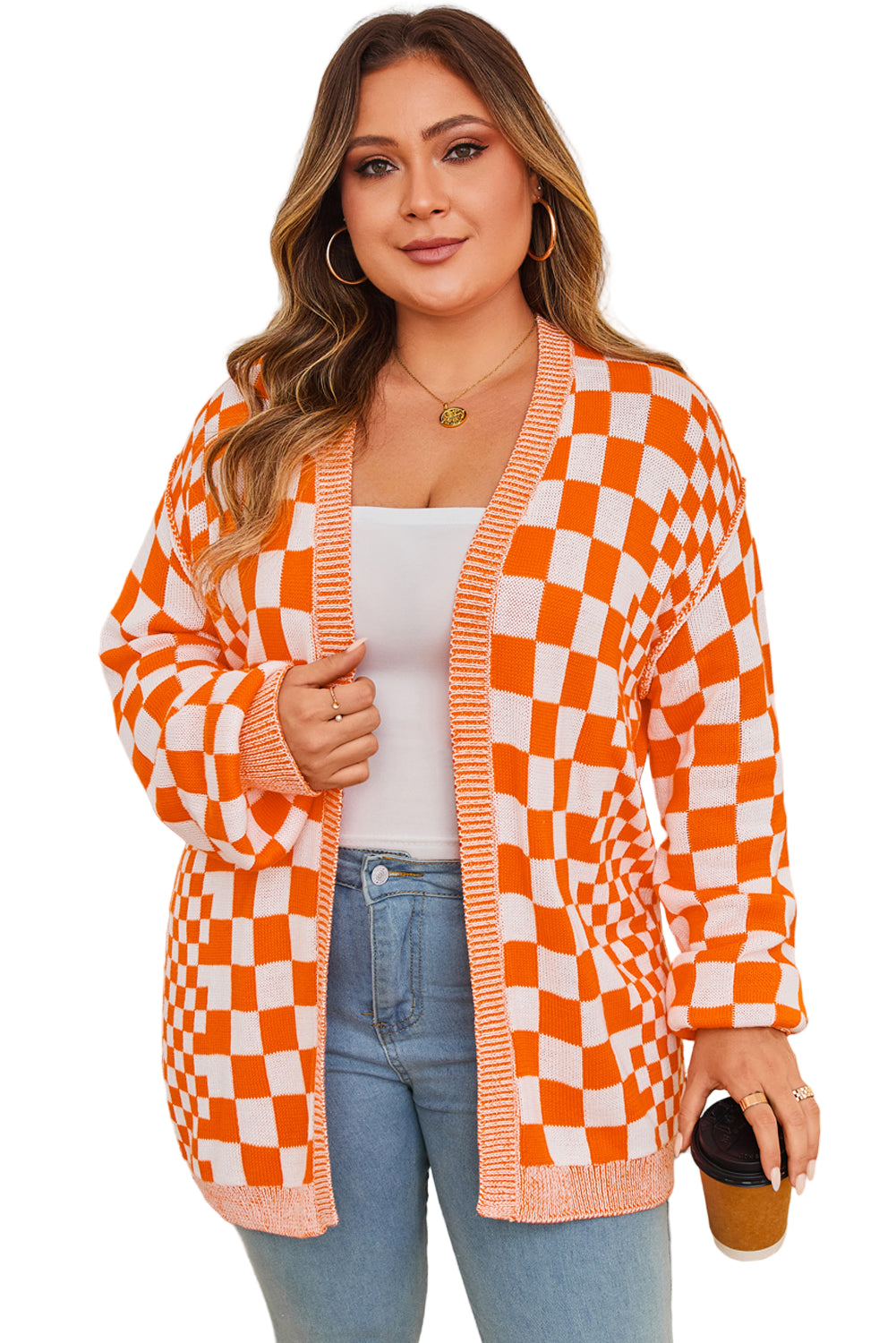 Orange Plus Size Checkered Bubble Sleeve Drop Shoulder Open Cardigan