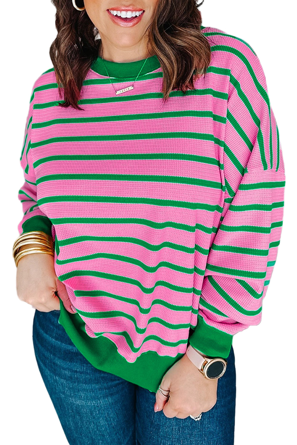 Pink Stripe Waffle Knit Crew Neck Plus Size Sweatshirt
