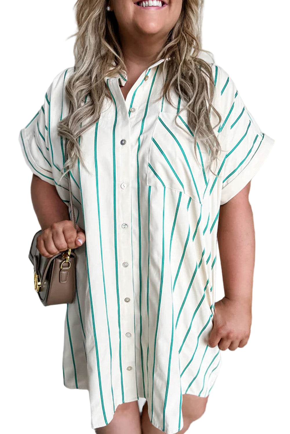 Green Stripe Plus Size St Patricks Day Short Sleeve Buttoned Shirt Dress