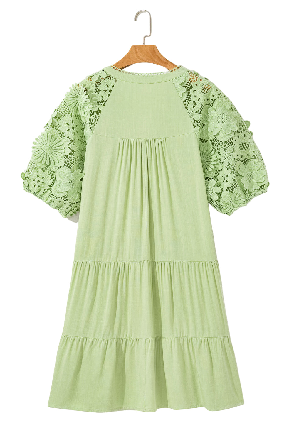 Laurel Green Floral Crochet Short Sleeve Notch V Neck Tiered Plus Size Mini Dress