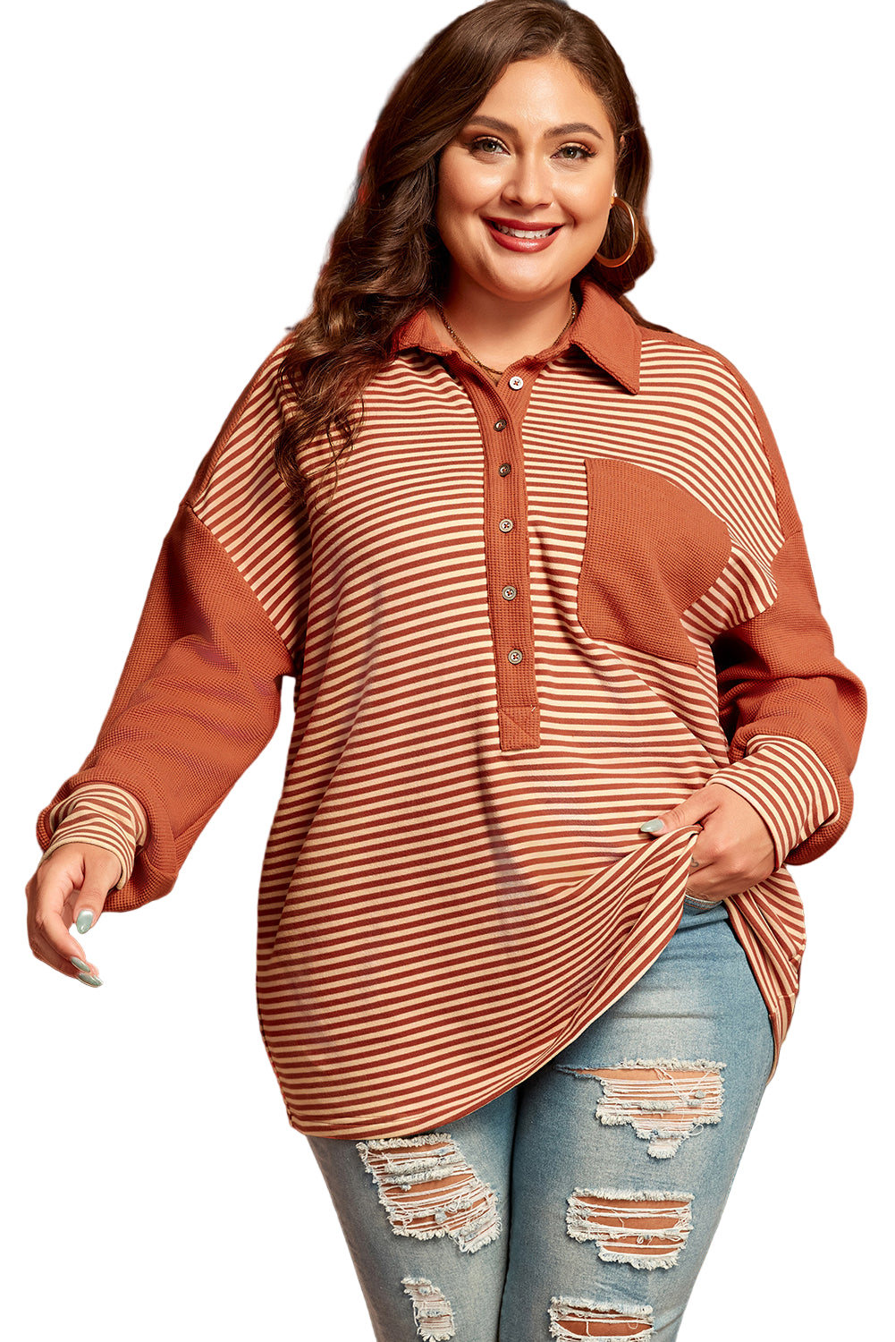 Red Stripe Textured Patched Drop Shoulder Buttoned Plus Size Sweatshirt