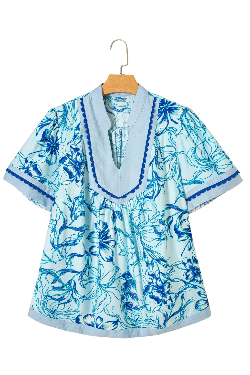 Sky Blue Plus Size Scalloped Trim Floral Short Sleeve Blouse