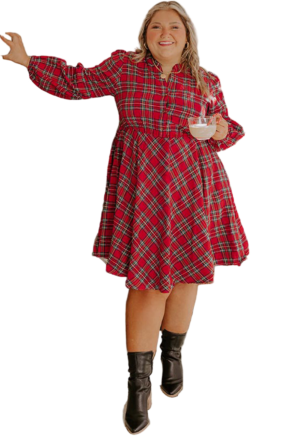 Red Plus Size Plaid Half Button Long Sleeve Holiday Dress