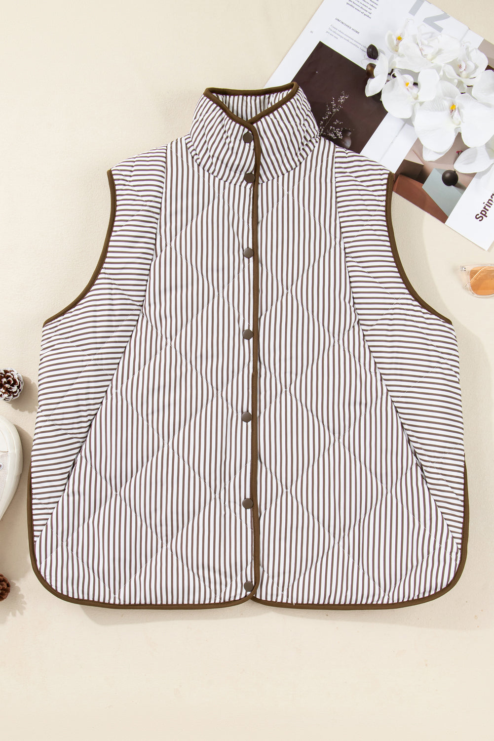 Brown Stripe Quilted Wavy Hem Snap Button Plus Size Vest