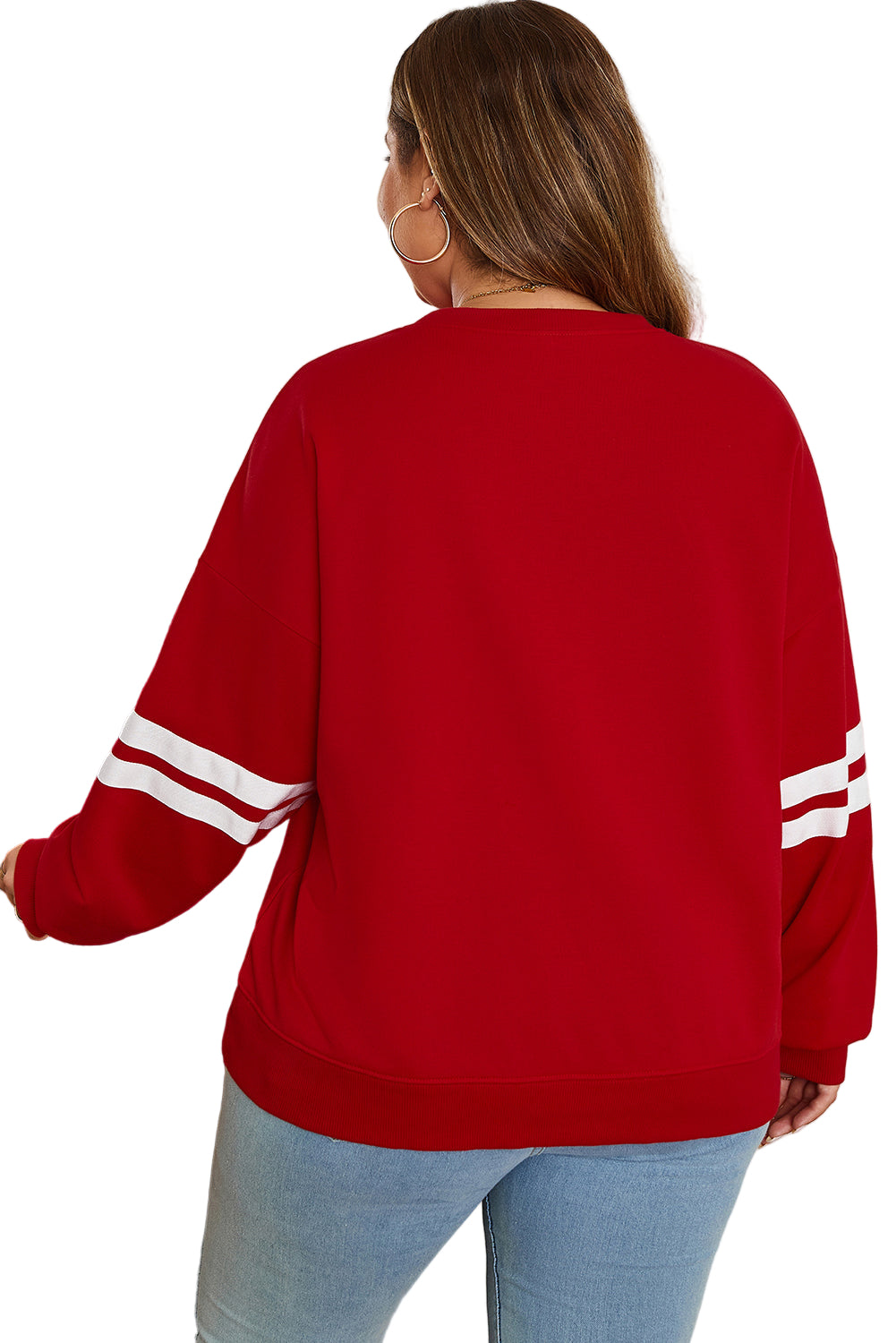 Fiery Red Varsity Striped Detail Crew Neck Plus Sweatshirt