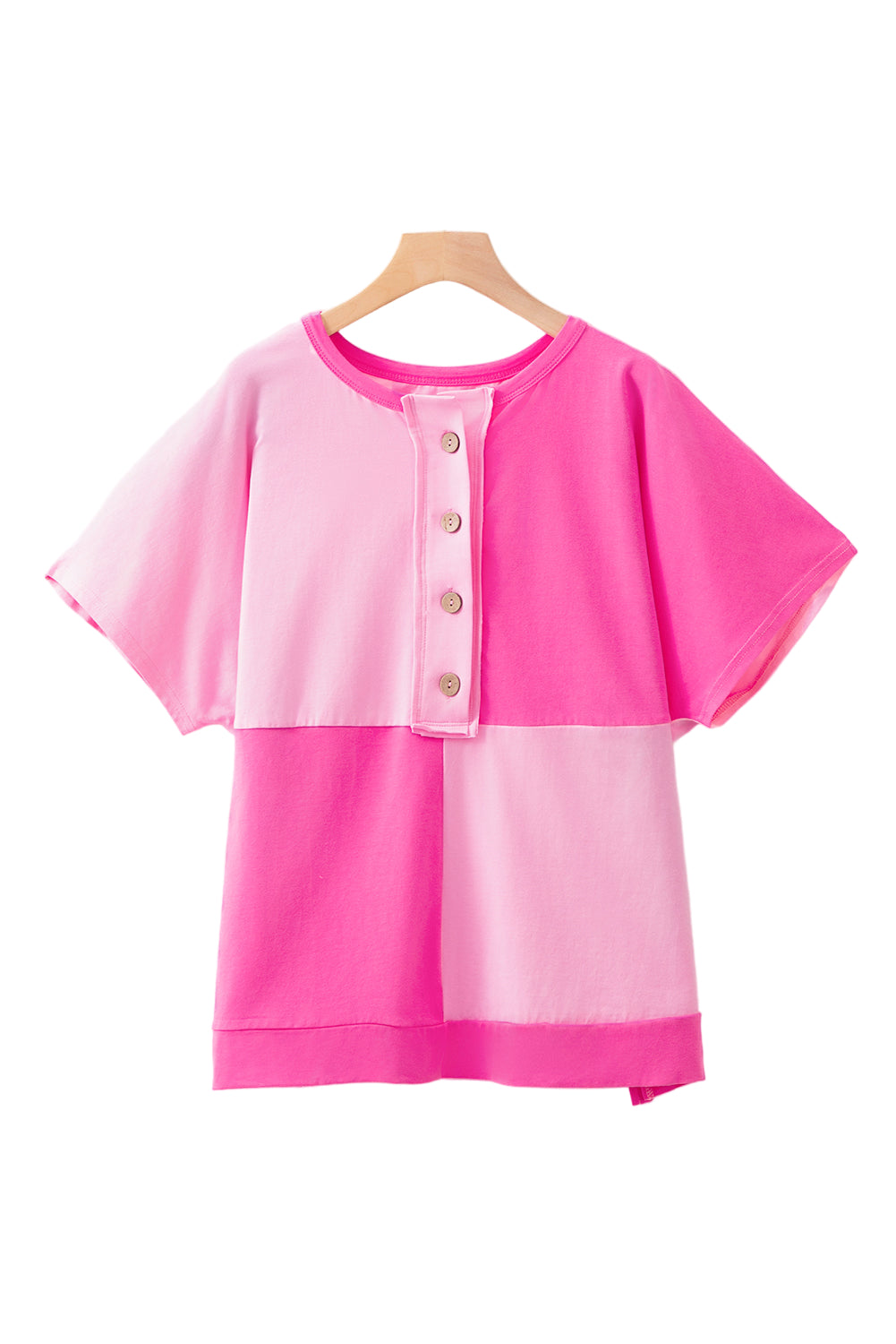 Bright Pink Colorblock Patchwork Short Sleeve Plus Size Henley Top