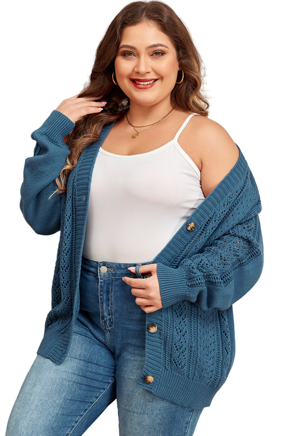 Real Teal Open Knit V Neck Button Front Drop Shoulder Plus Size Cardigan