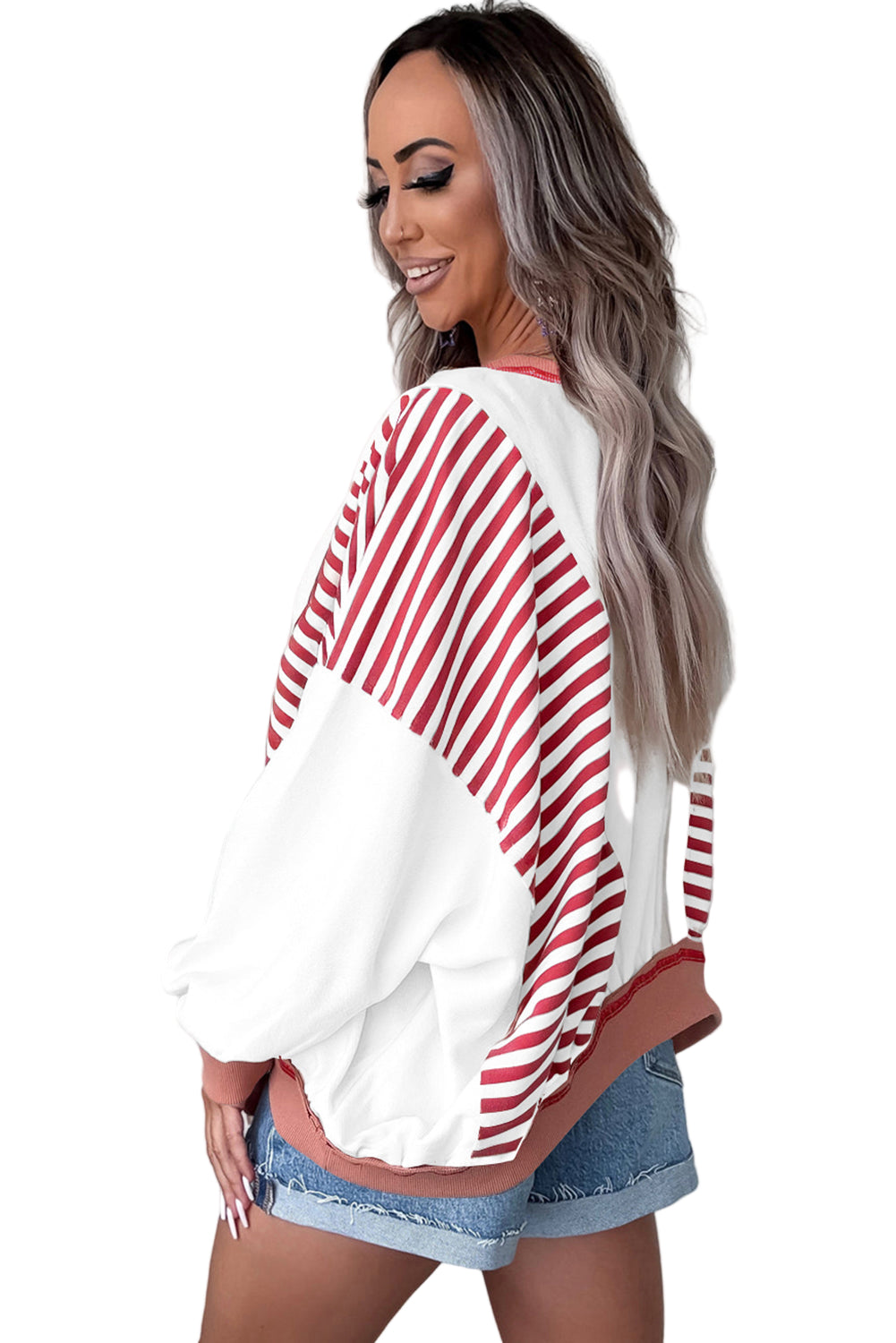 Red Stripe Color Block Patchwork Seam Detail Plus Size Sweatshirt