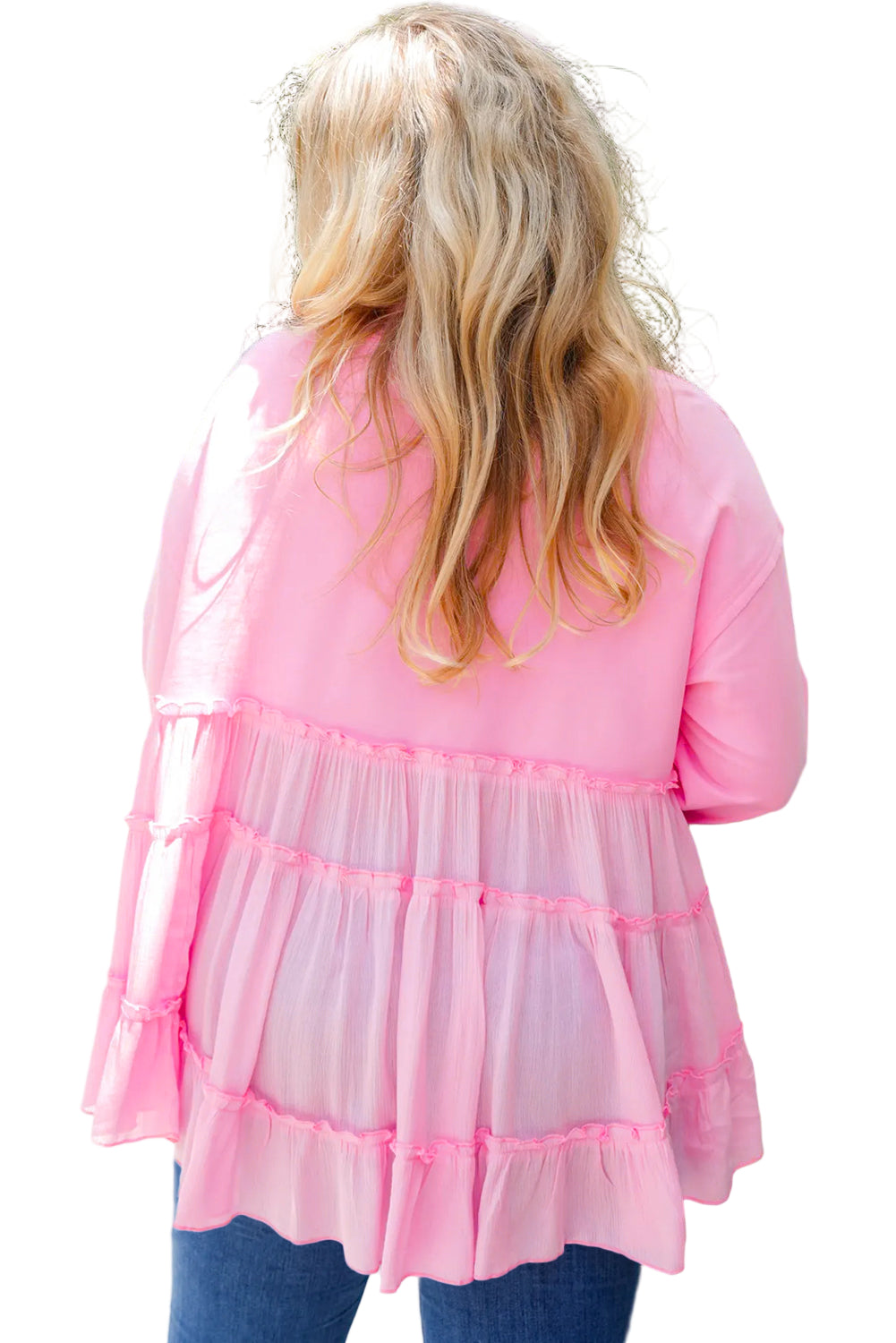 Pink Frill Tiered Patchwork Ribbed Trim Flowy Plus Size Top