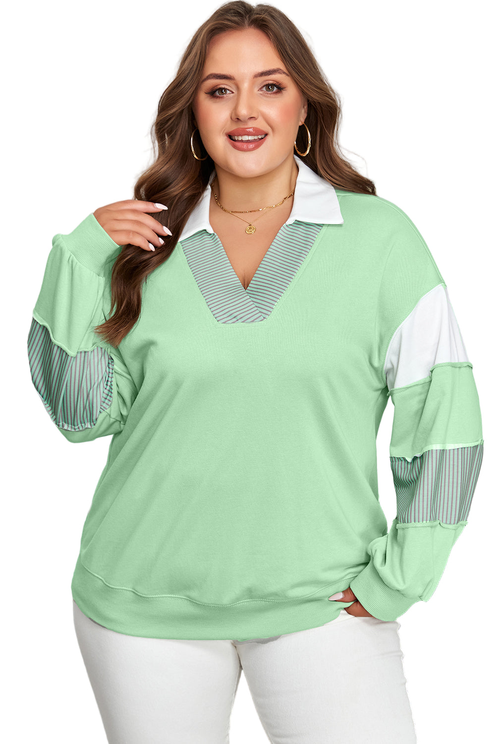 Moonlight Jade Color Block Striped Patchwork Collar V Neck Plus Size Sweatshirt