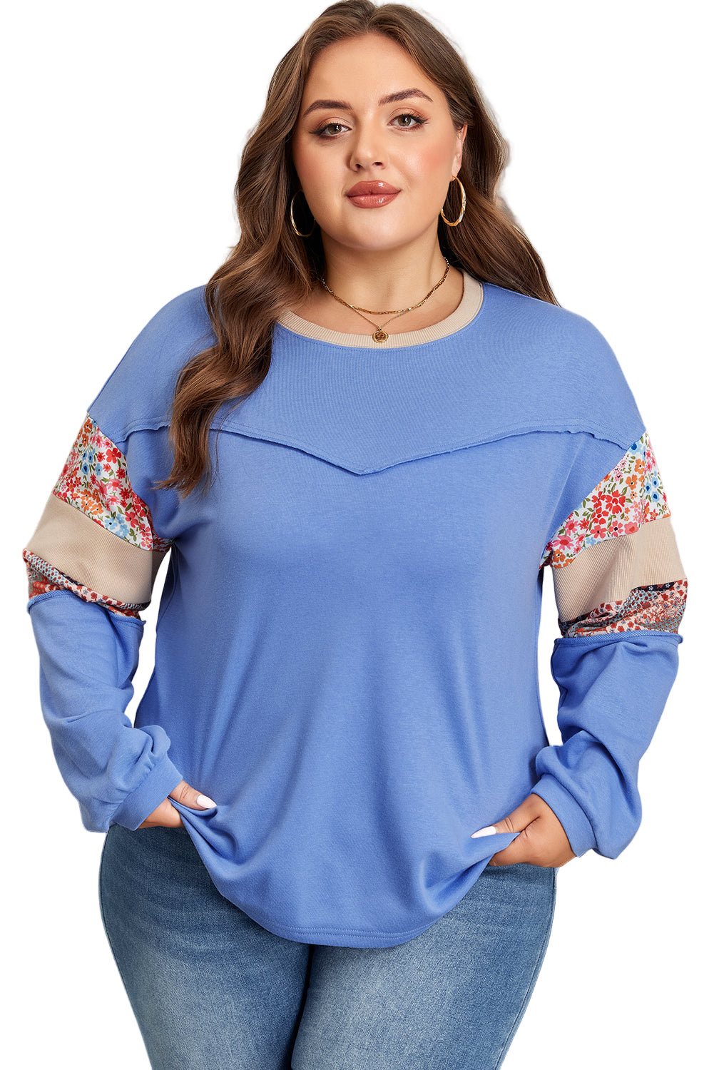 Khaki Exposed Seam Floral Mixed Patchwork Relaxed Plus Size Top