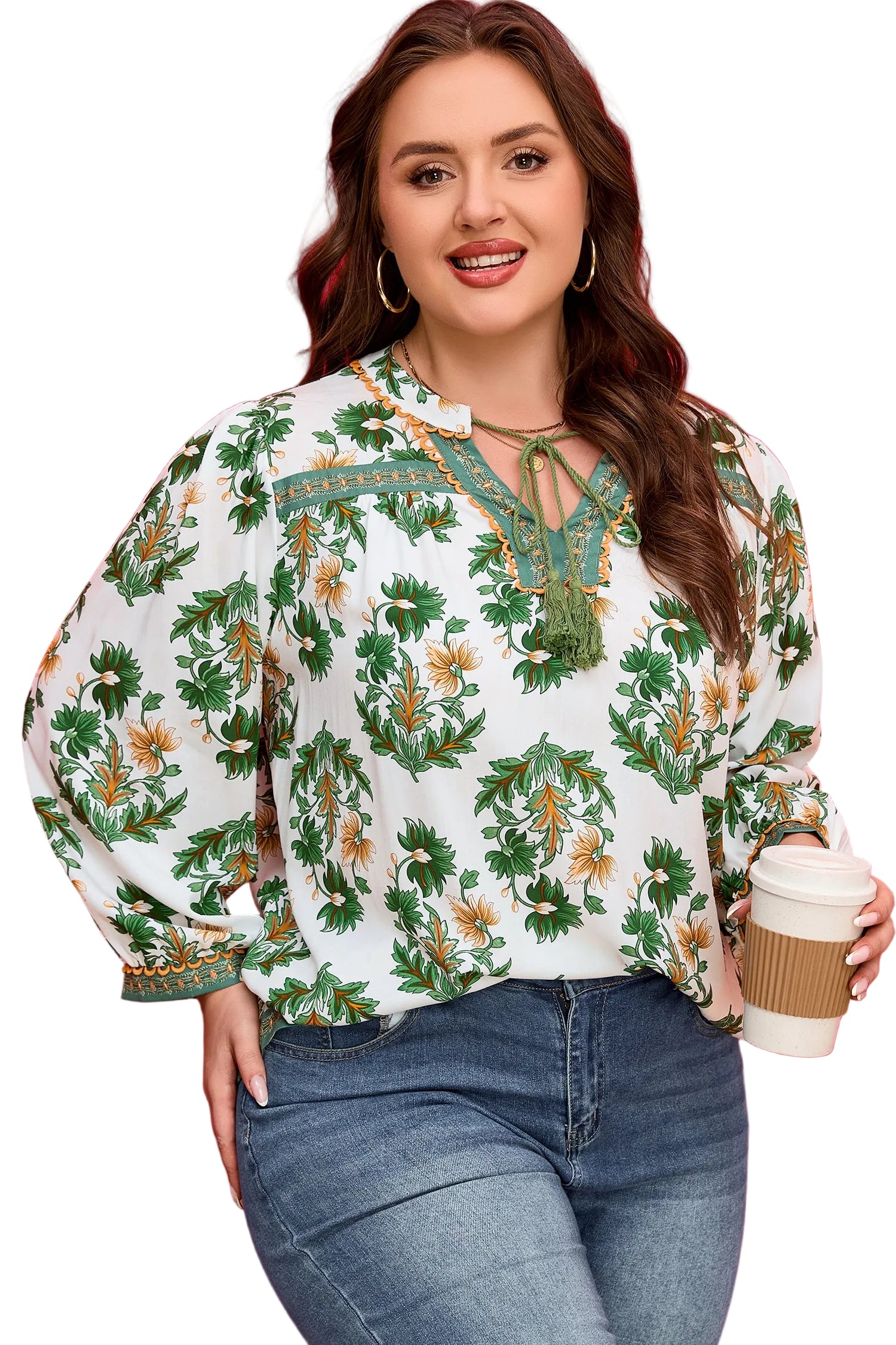 Green Plus Size Floral Printed Contrast Patchwork Detail Tassel Tie 3/4 Sleeve Blouse