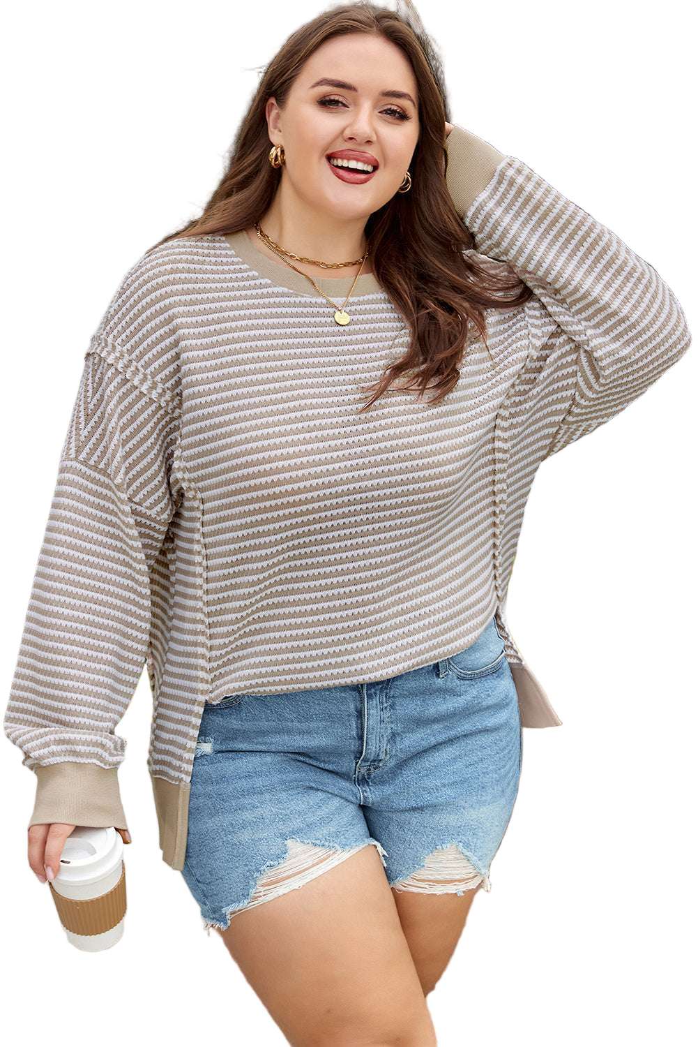 Brown Stripe Plus Size Breathable Knit Ribbed Trim Long Sleeve Top