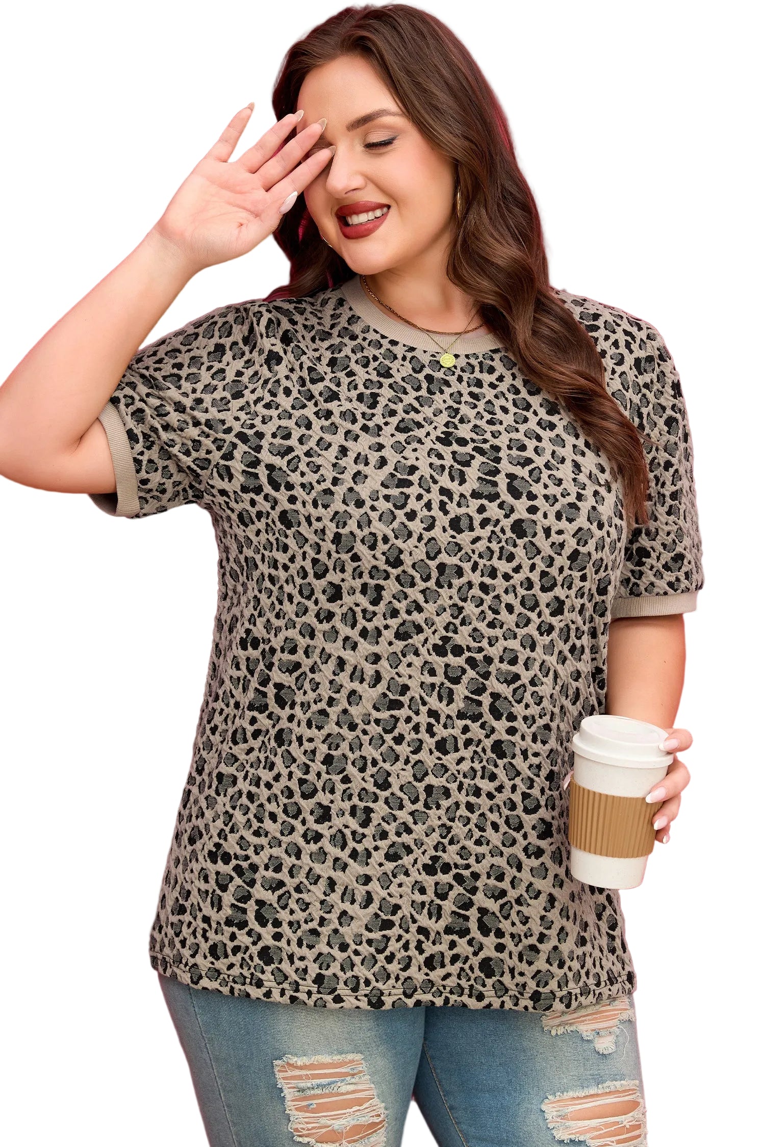 Khaki Leopard Print Textured Plus Size T Shirt