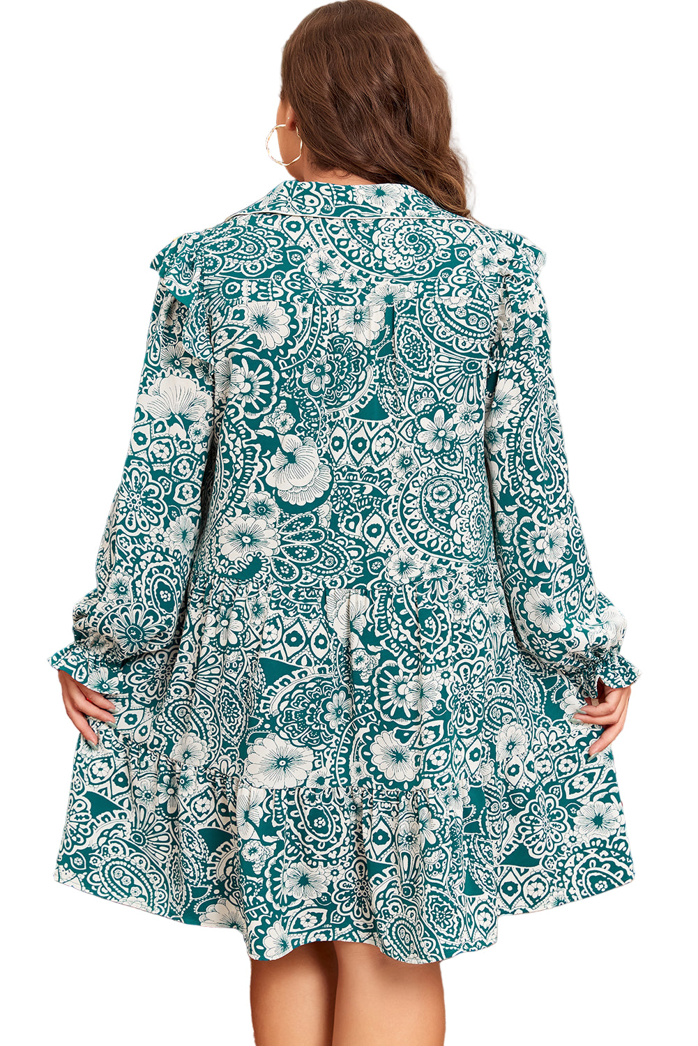 Green Floral Flounce Sleeve Split Neck Plus Size Dress