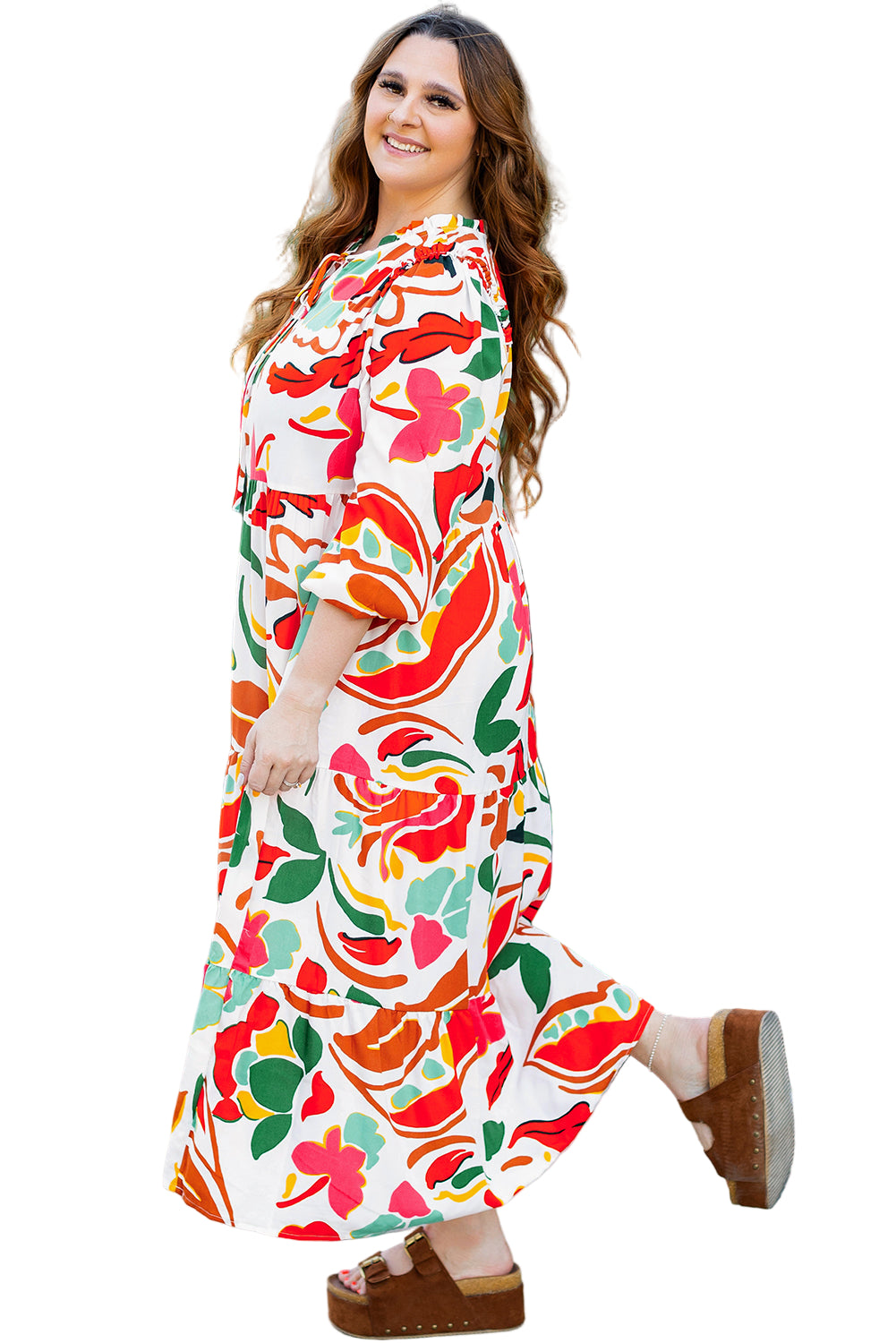 Orange Floral Print Drawstring V Neck Tiered Plus Size Dress
