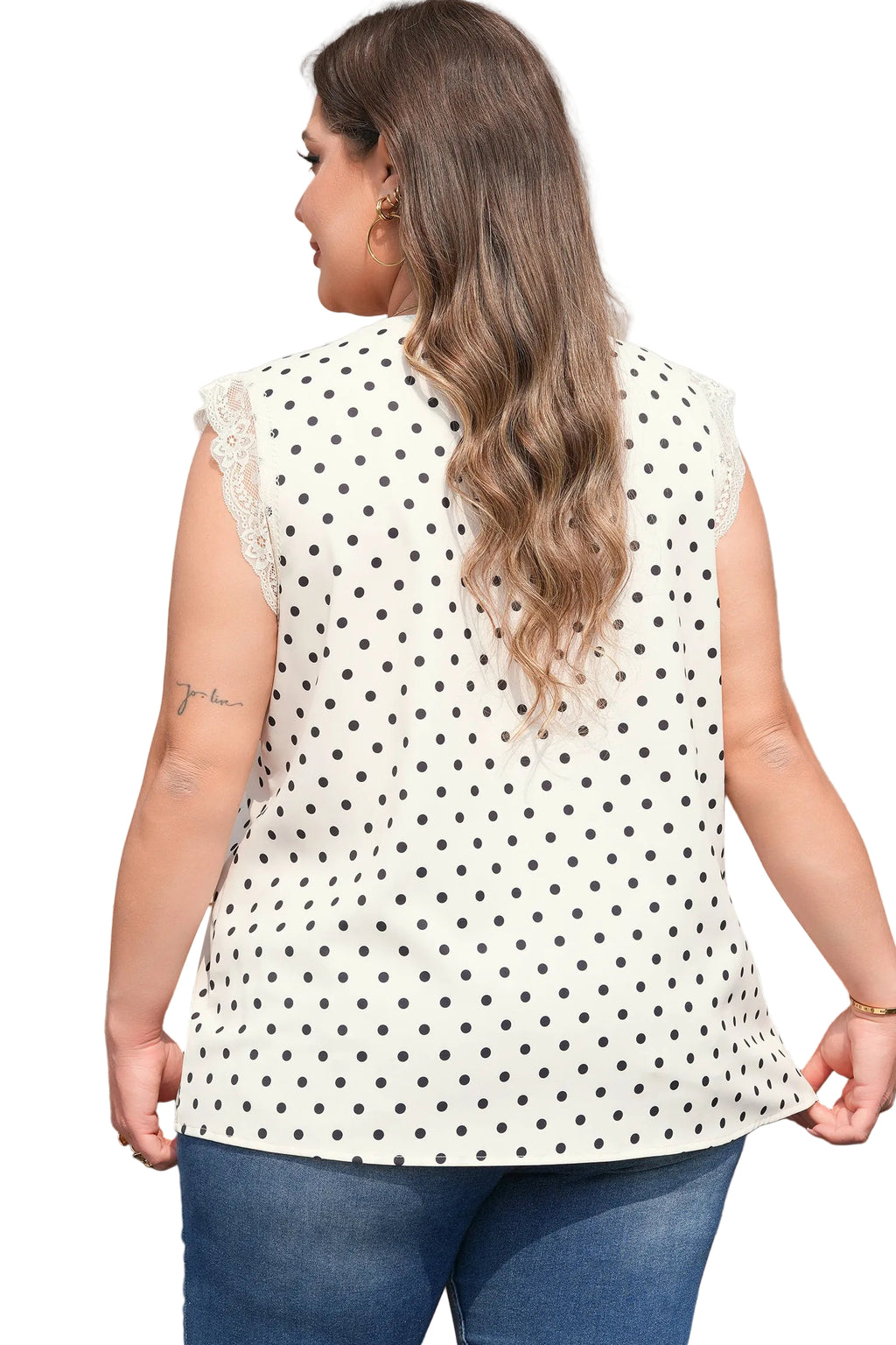 Apricot Plus Size Polka Dot Print Lace Trim V Neck Sleeveless Top