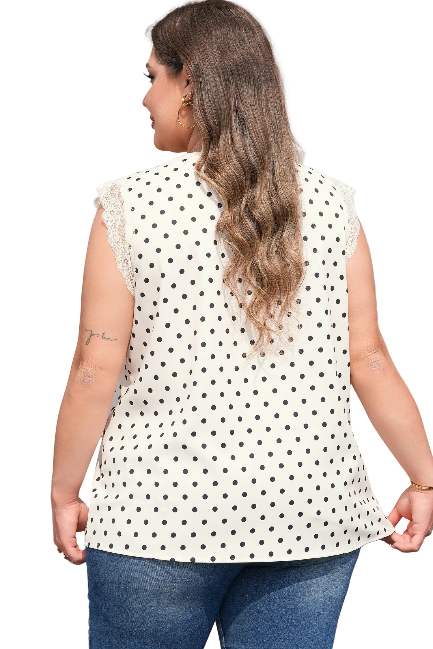 Apricot Plus Size Polka Dot Print Lace Trim V Neck Sleeveless Top