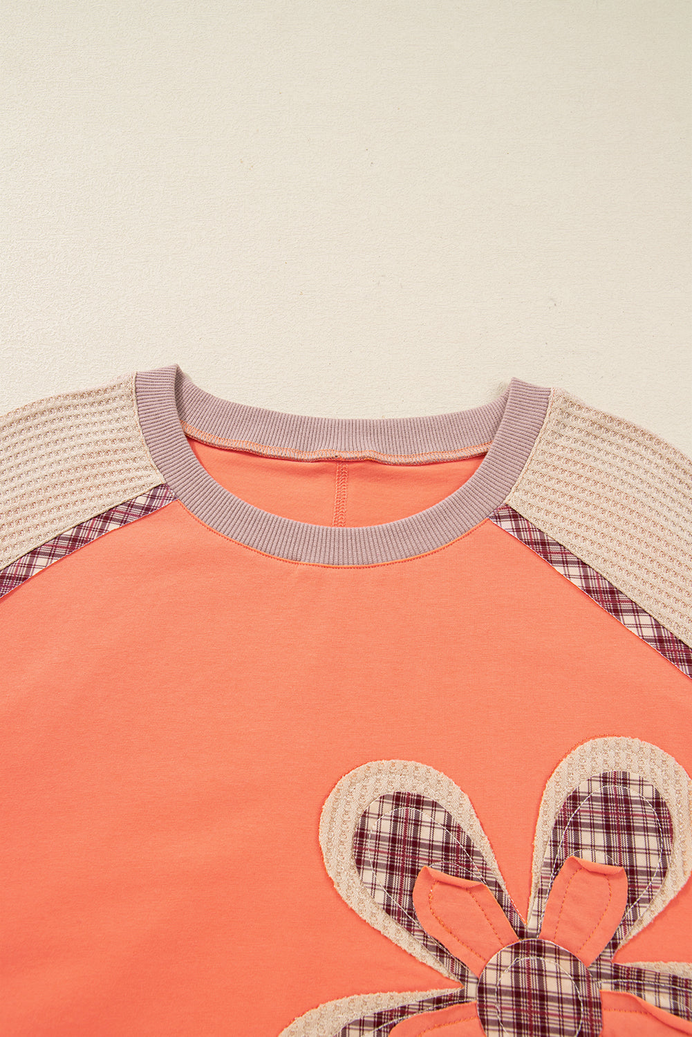 Grapefruit Orange Plaid Flower Waffle Patched Plus Size 3/4 Sleeve Top