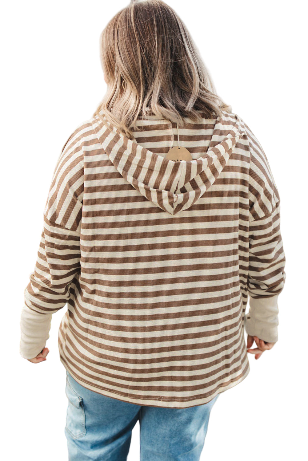 Brown Stripe Drop Sleeve Plus Size Henley Hoodie