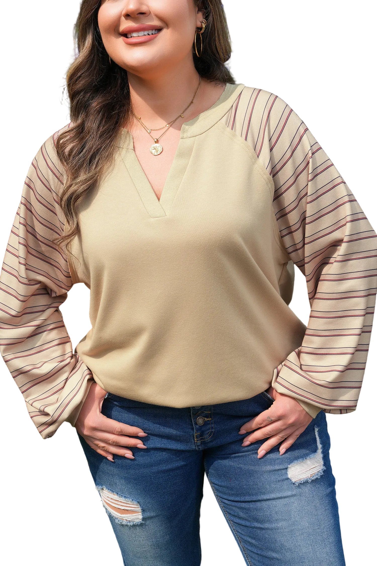 Parchment Striped Raglan Sleeve Notched Neck Raw Edge Plus Size Jumper