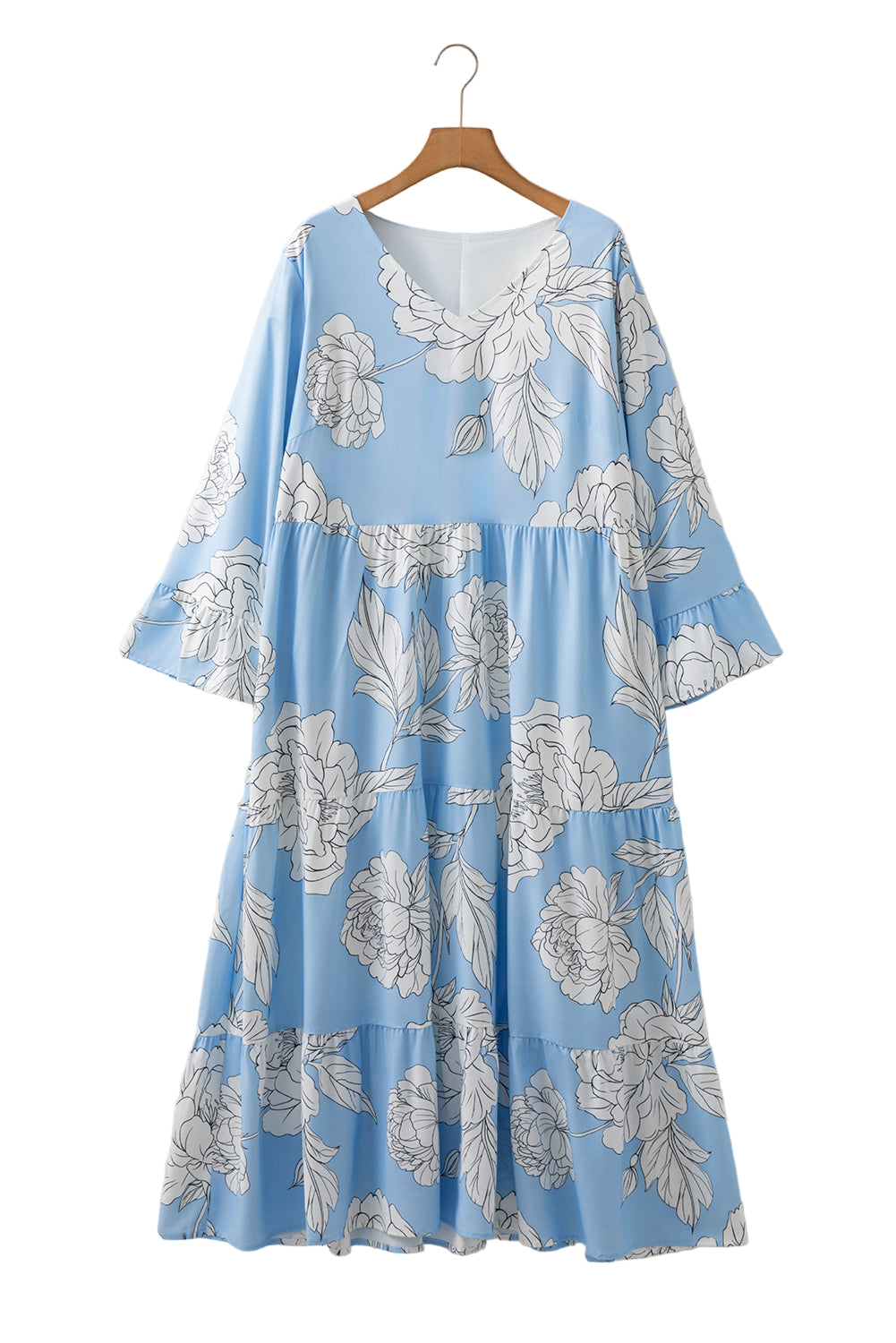 Sky Blue Floral Bracelet Sleeve V Neck Plus Size Tiered Maxi Dress